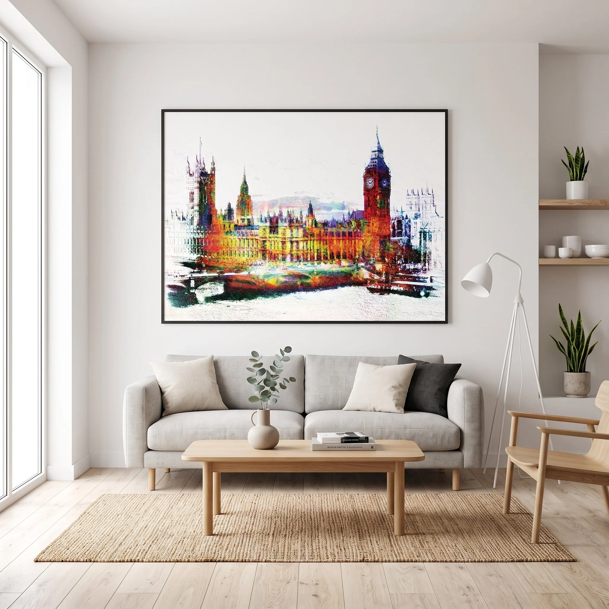 Large-format London Big Ben fine art print hanging on a white wall in a bright Scandinavian living room with a light gray sofa, wooden coffee table, and jute rug