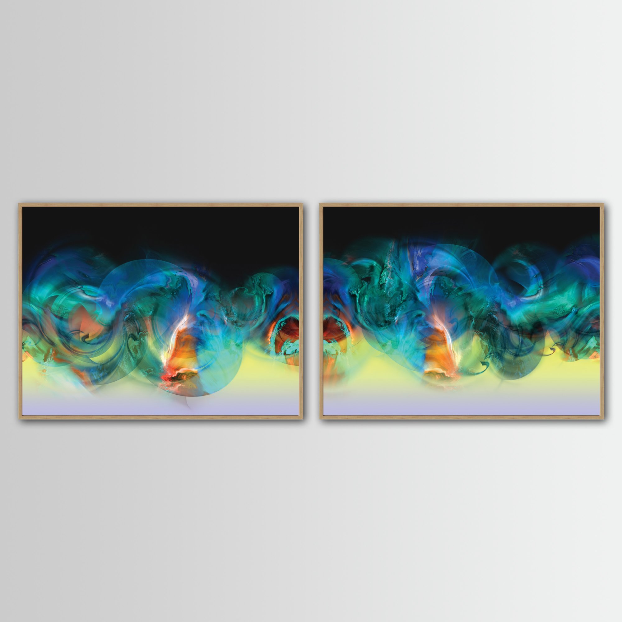 Abstract art diptych with swirling fluid shapes in vibrant blue, deep teal, and emerald green, with orange on black and yellow background, framed and ready to hang. With wodden frame