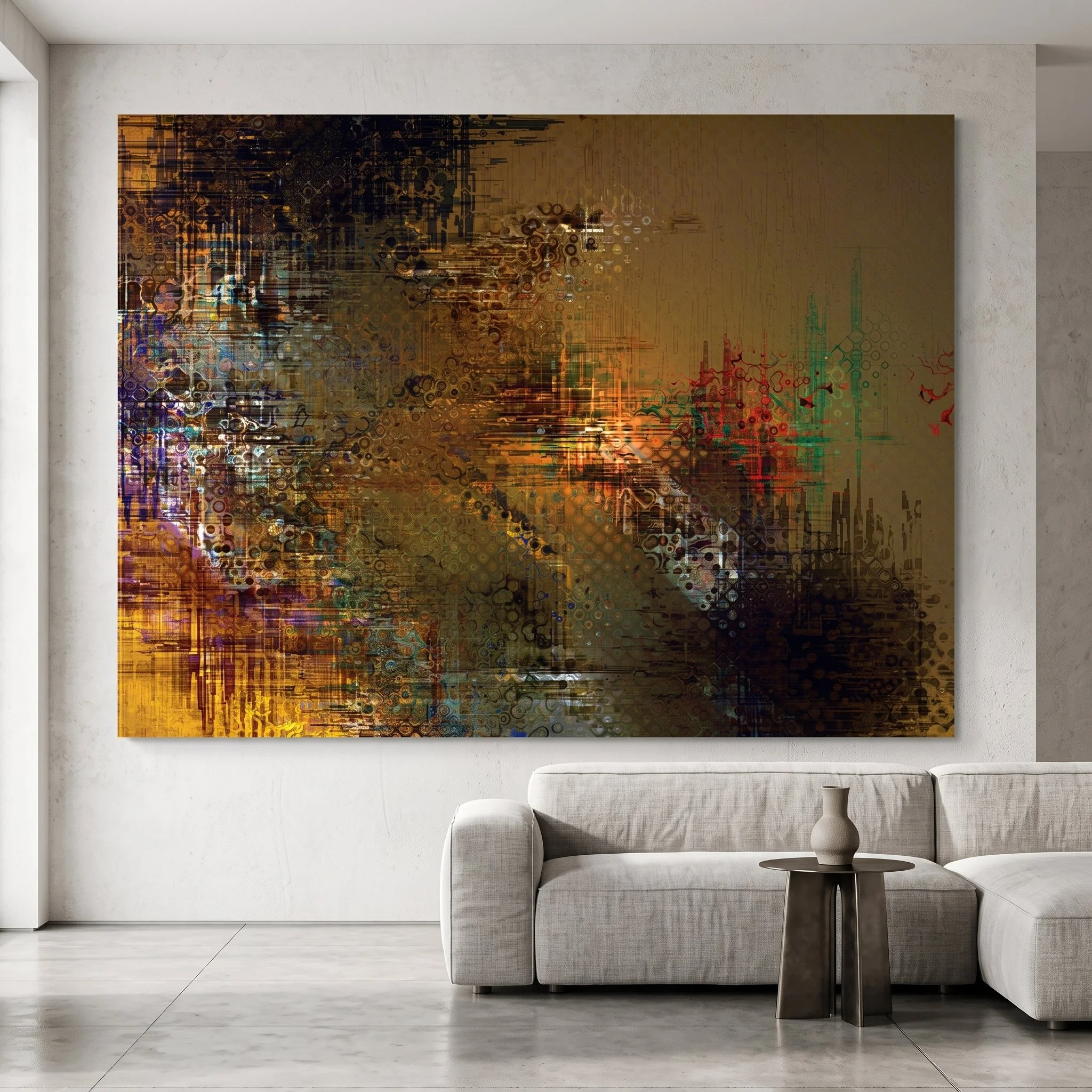 Large-format abstract painting hanging on the wall of a modern living room with a light gray sofa and a side table.