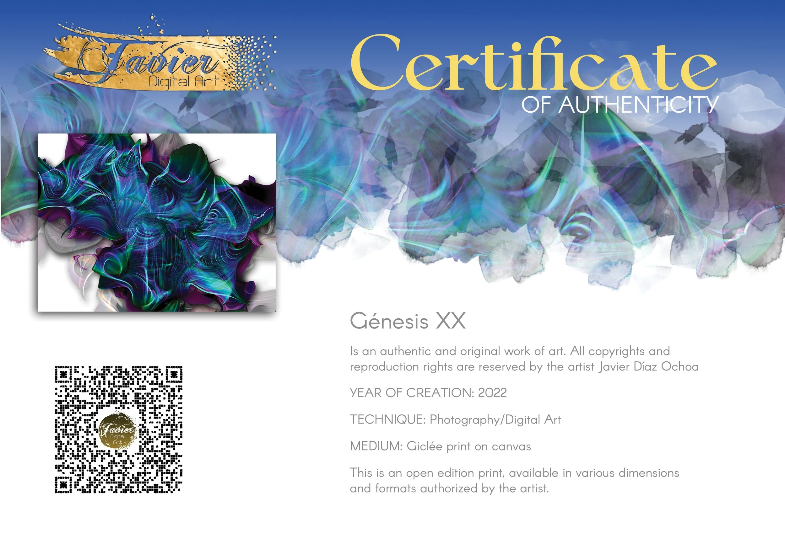 Abstract fine art print showing a complex, swirling organic shape with electric teal, blue, and purple lines over a clean white background, framed and ready to hang. Certificate of Authenticity