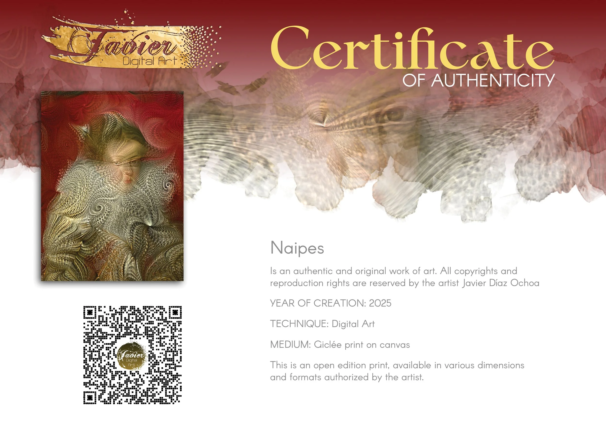 Contemporary art of a deconstructed Renaissance portrait into complex spiral fractal patterns and textures against a crimson red background, framed and ready to hang. Certificate of Authenticity