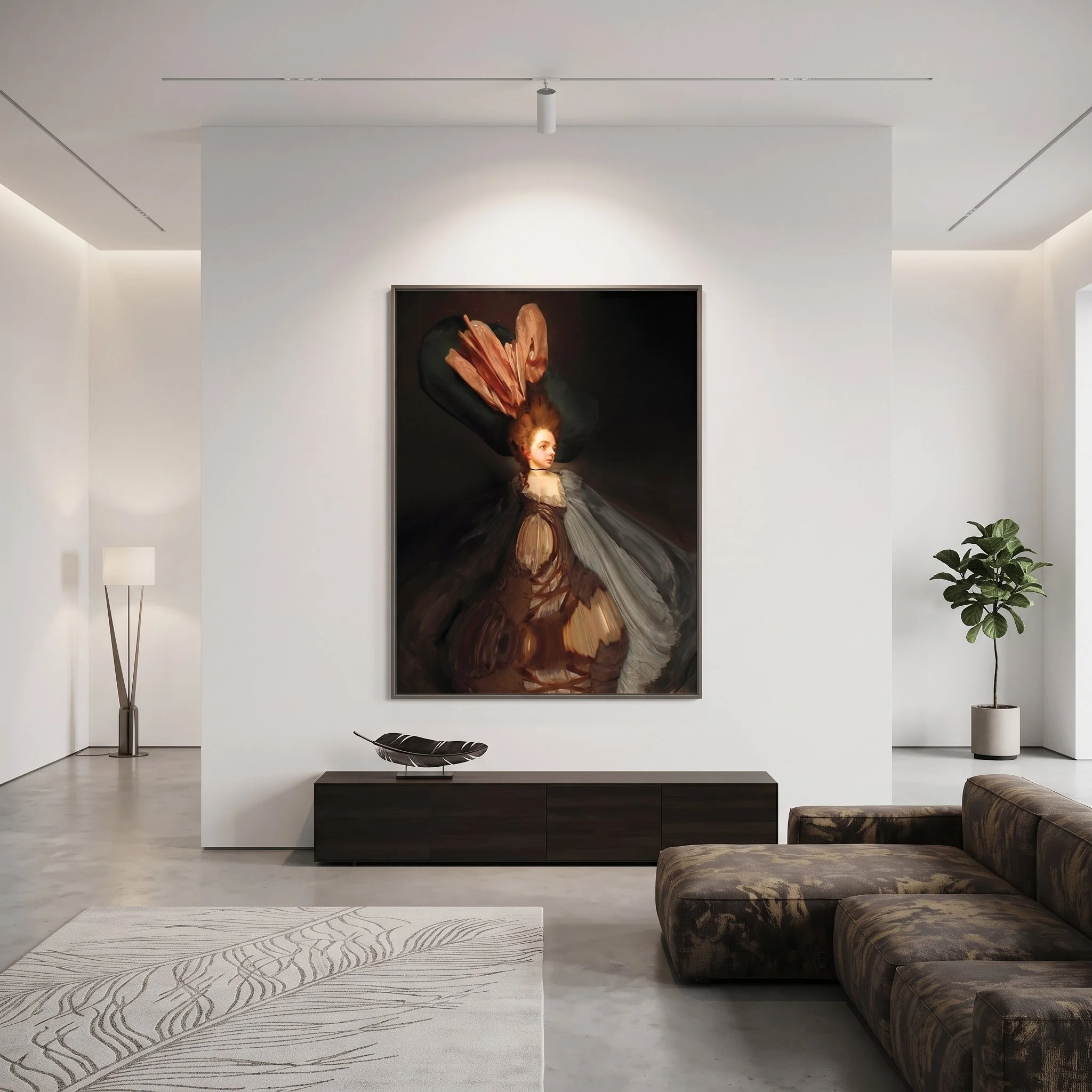 Large canvas art with a classic stylized portrait hanging on a white wall above a dark wooden credenza, featuring a patterned sofa, textured rug, and floor lamp.