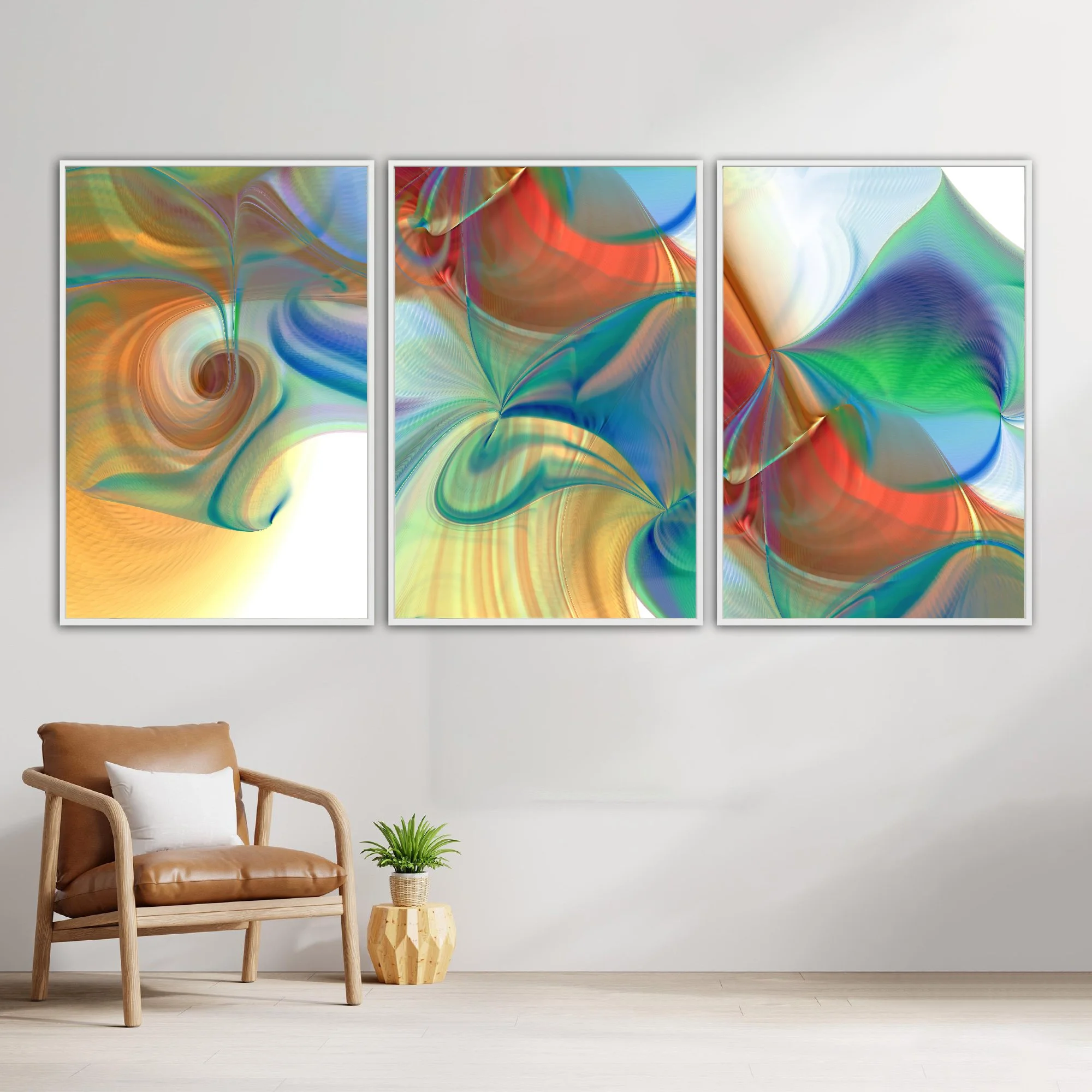 Abstract triptych with swirling fluid structures, intricate line patterns, and a palette of red, orange, teal, and green over a white background, framed and ready to hang. With chair