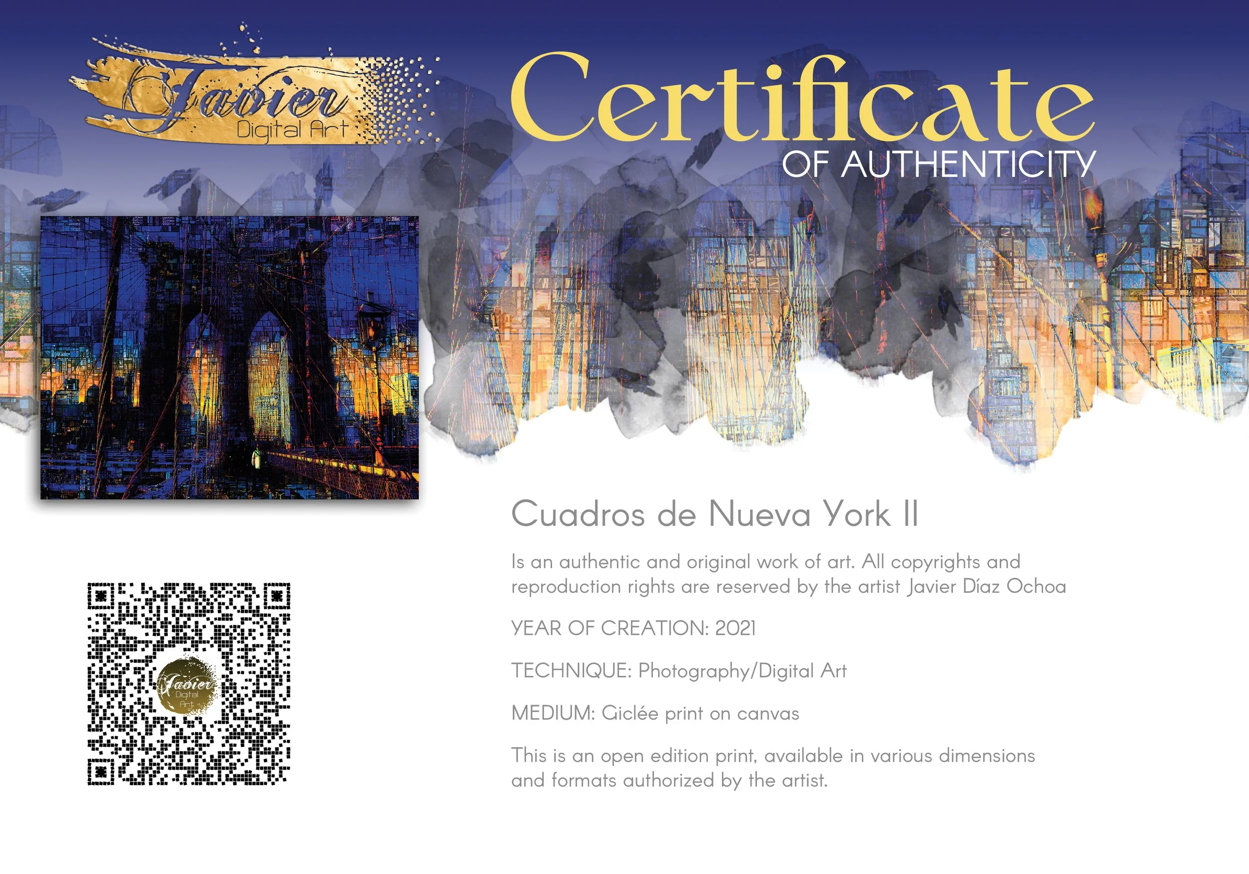 Abstract fine art print of the Brooklyn Bridge at sunset featuring a complex mosaic and pixelated texture in deep blue and vibrant golden tones, framed and ready to hang. Certificate of Authenticity