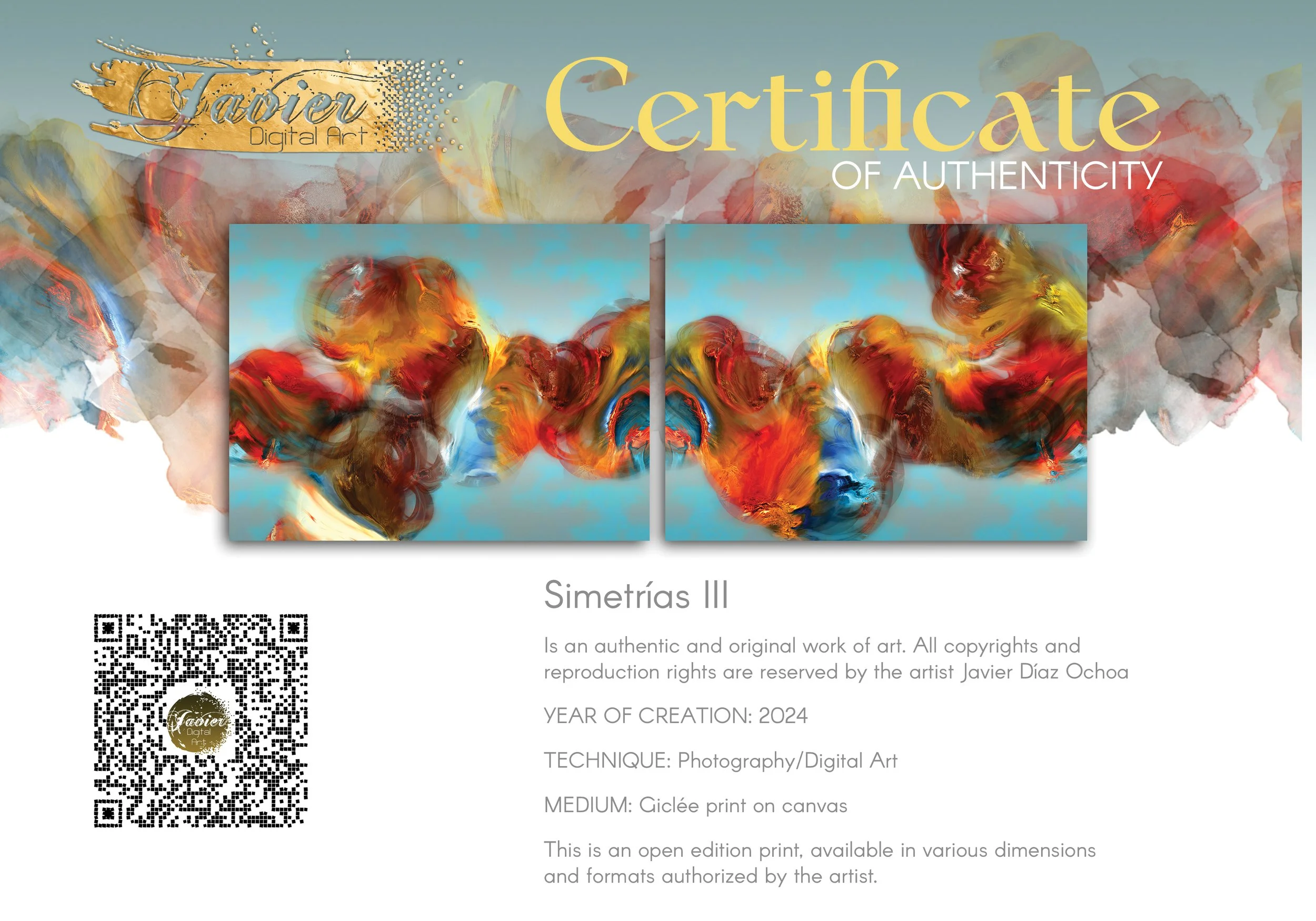 Abstract diptych with textured, cloud-like fluid shapes in red, orange, and golden ocher against a cerulean sky blue background, framed and ready to hang. Certificate of Authenticity