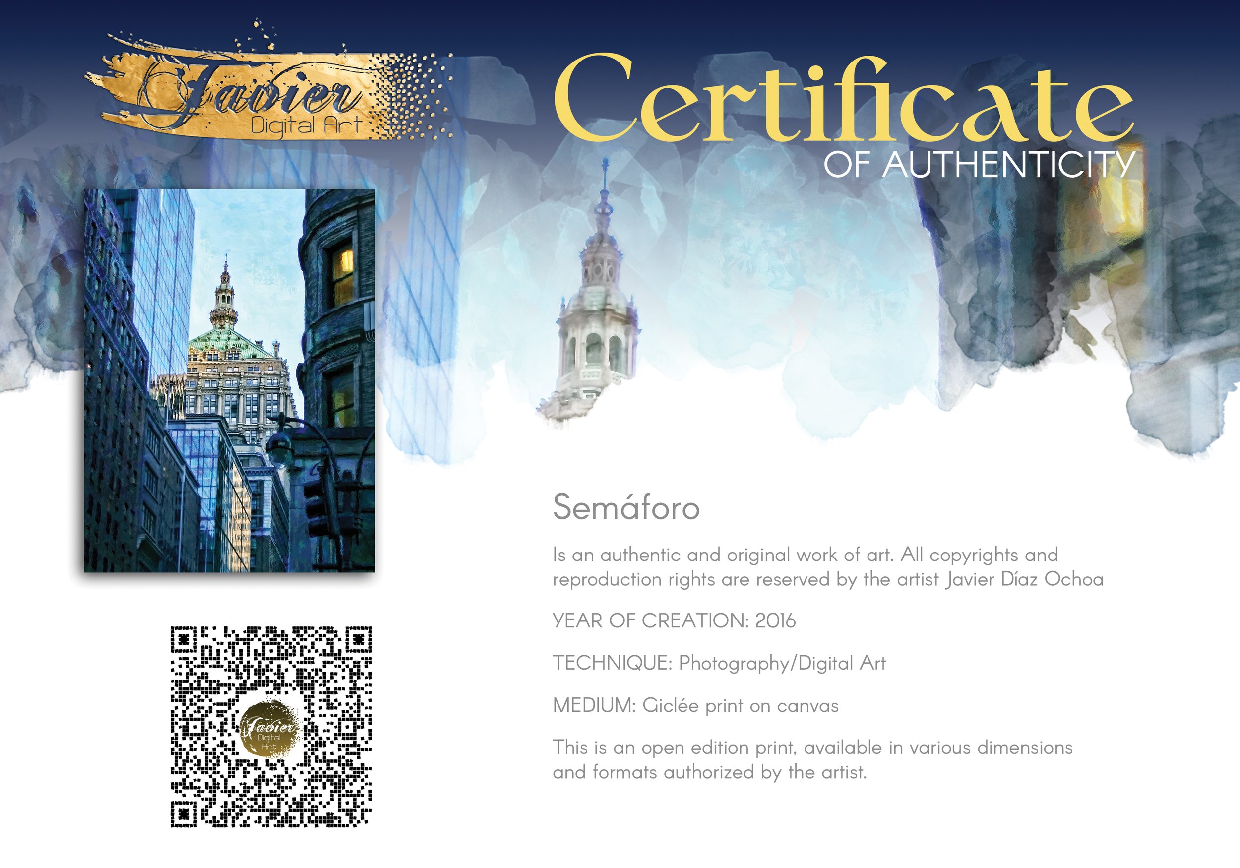 Impressionist art print of a Manhattan street perspective, with an historic building dome framed by modern blue glass skyscrapers, framed and ready to hang. Certificate of Authenticity