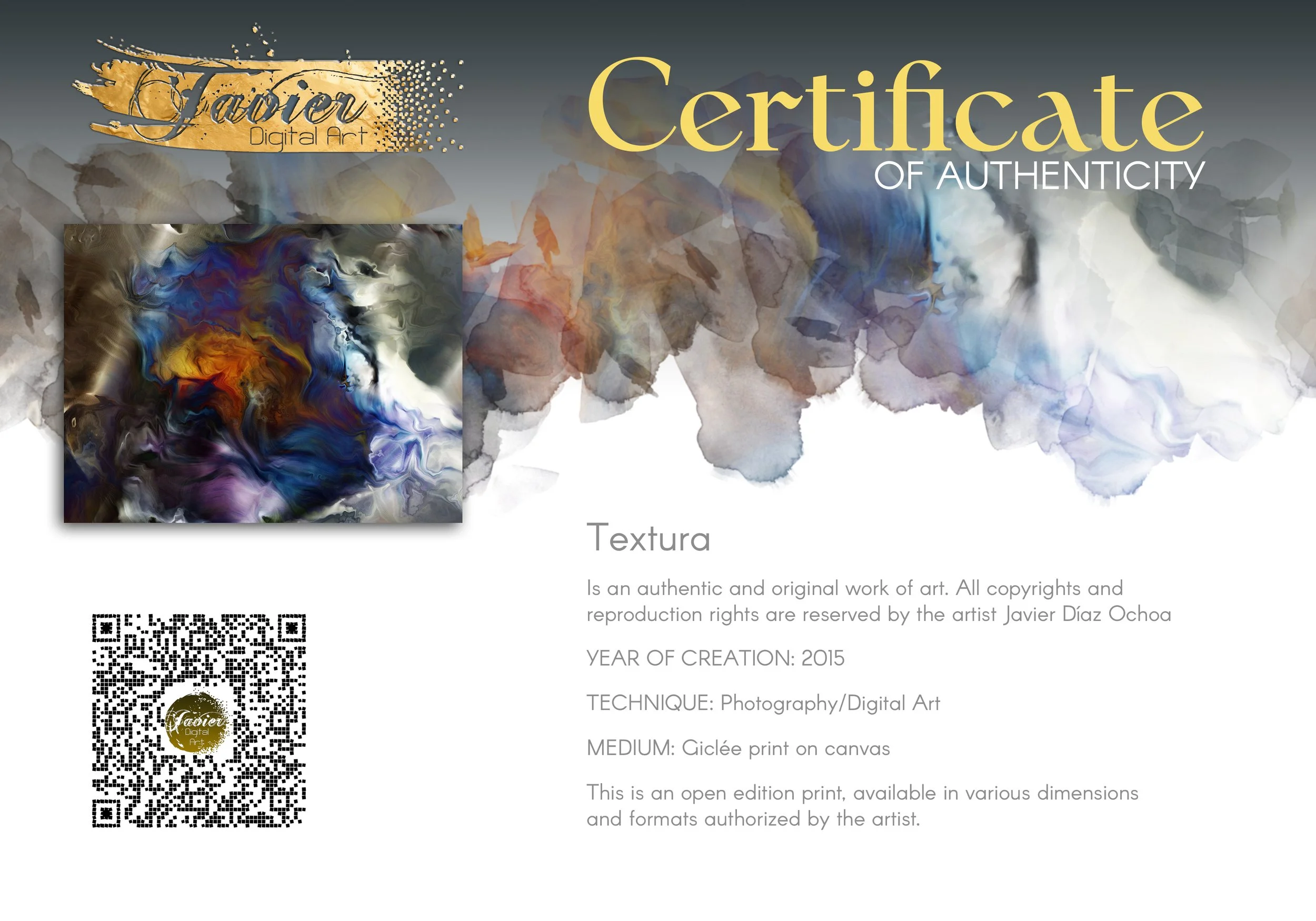 Abstract art marble-like cosmic swirl with deep blue, purple, and glowing amber tones surrounded by smoky neutral textures, framed and ready to hang. Certificate of Authenticity