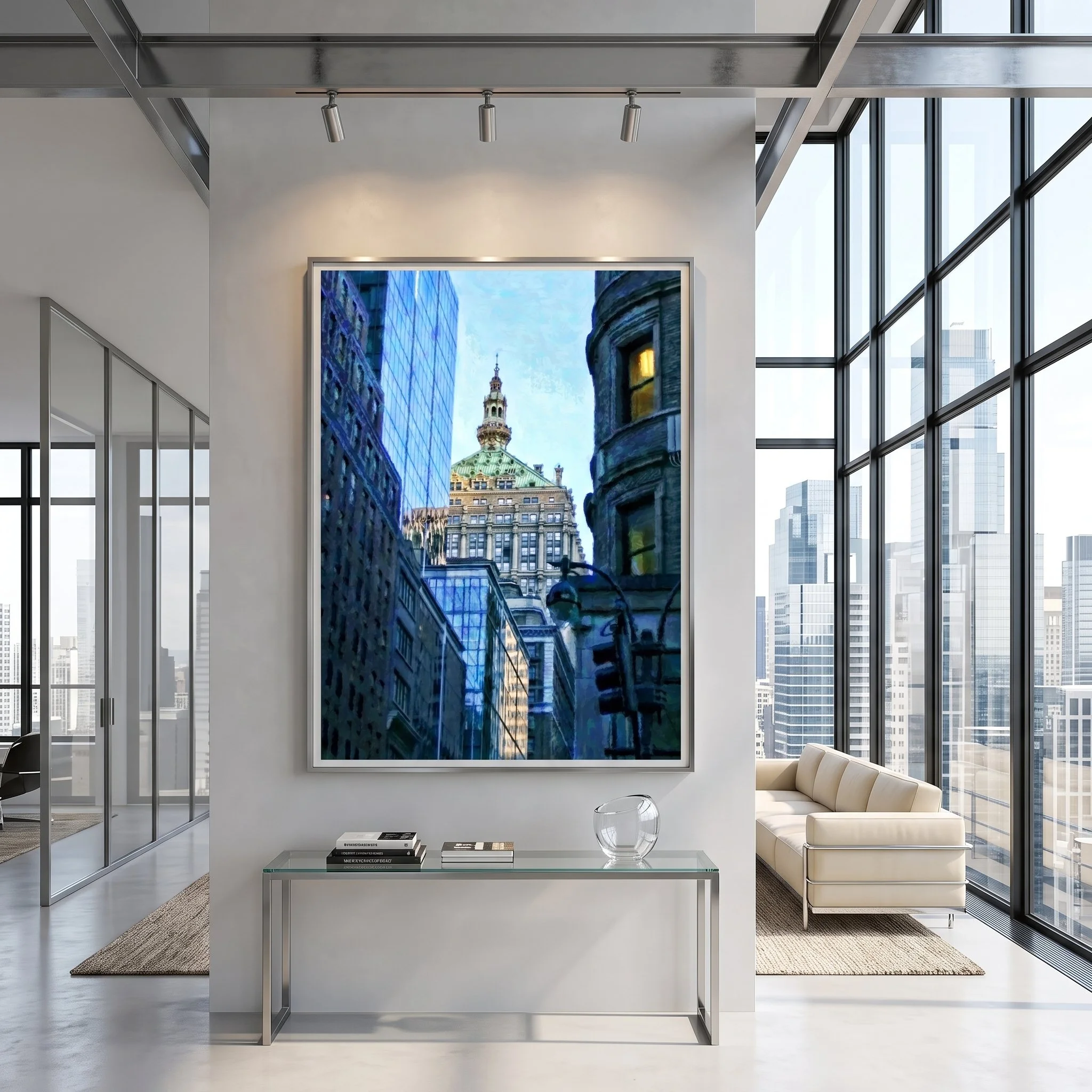 Large art fine art print hanging on a white wall in a luxury penthouse lobby with a glass console table, cream sofa, and floor-to-ceiling windows