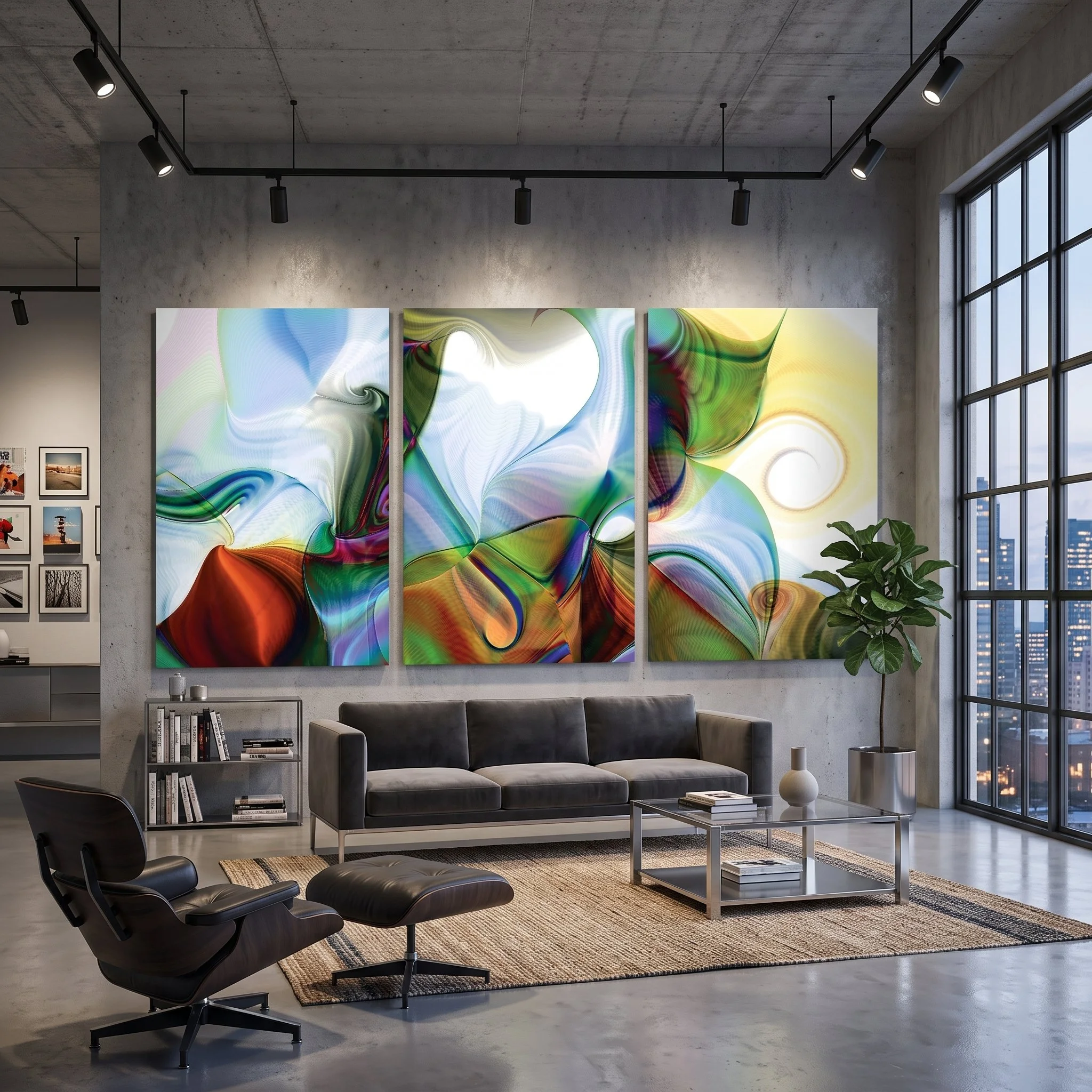 Abstract triptych on a concrete wall in aa industrial loft with a dark grey sofa, a chair with ottoman, a glass coffee table, track lighting, and large windows with a city view.