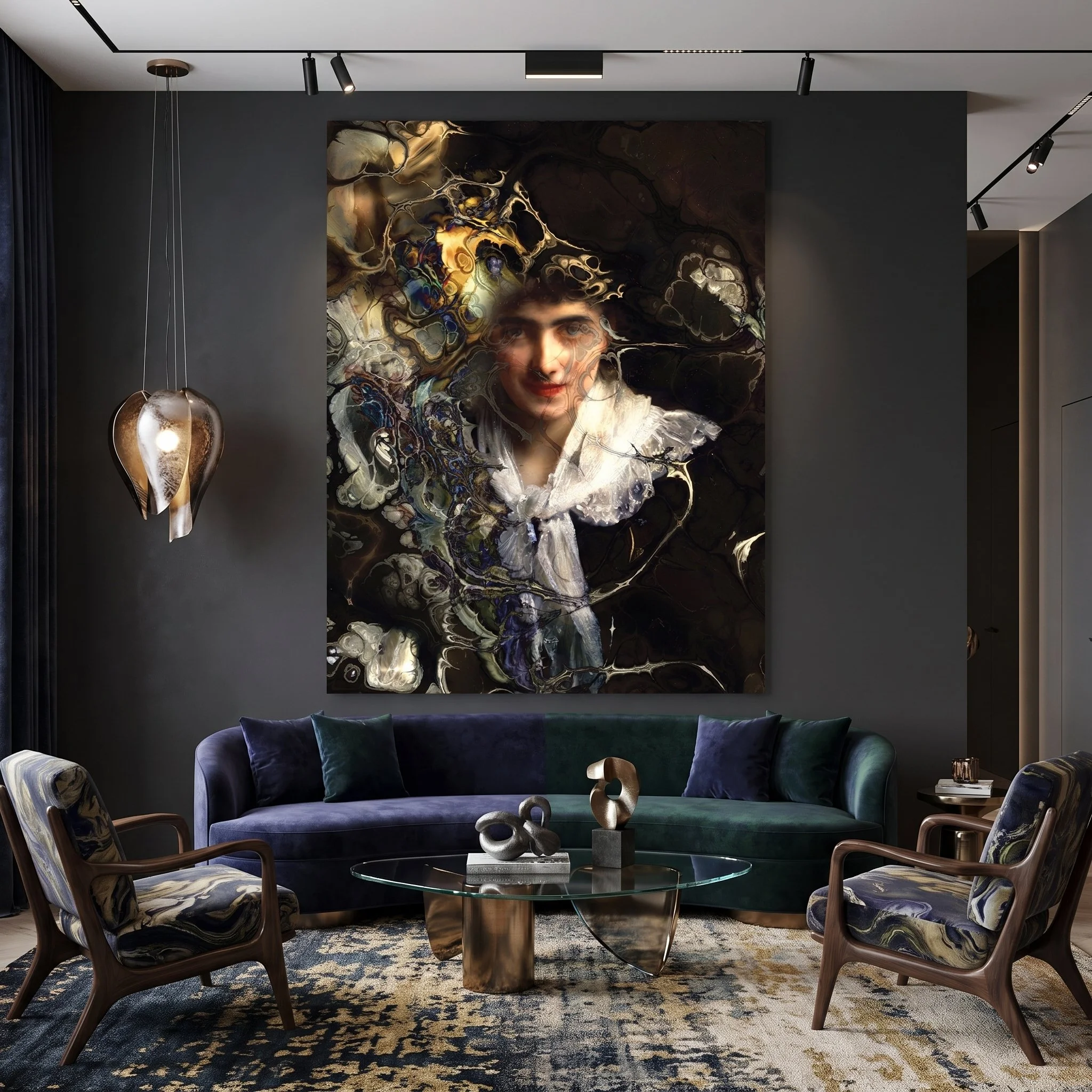 Large canvas art featuring an abstract liquid-textured surreal portrait hanging on a dark wall above a velvet sofa, with patterned armchairs and a glass coffee table.