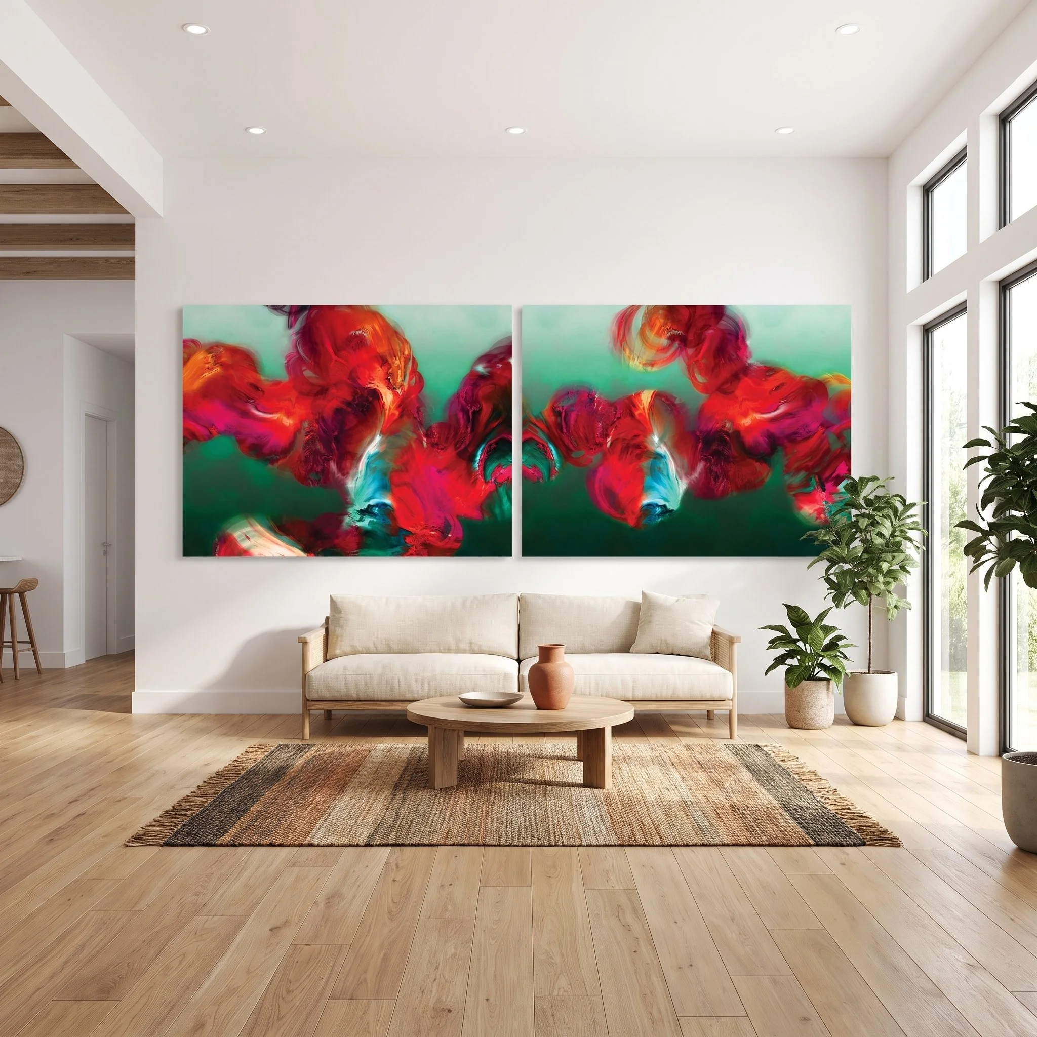 Red and green abstract art diptych above a beige sofa in a modern living room featuring a natural fiber rug, a round wooden coffee table, and houseplants.