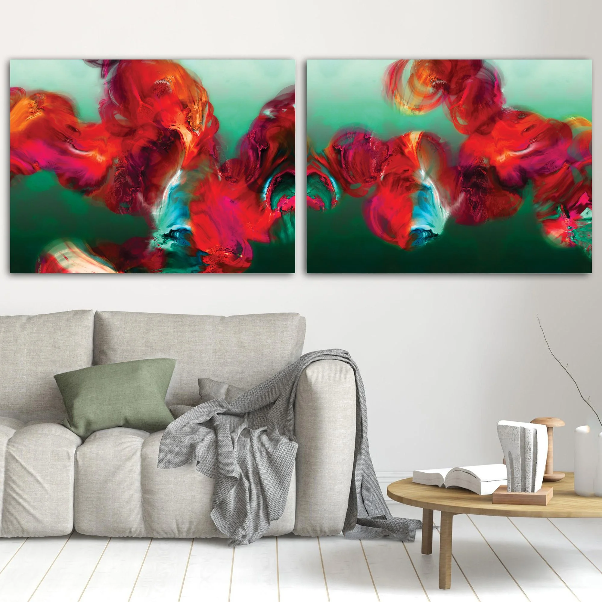 Abstract diptych with textured, cloud-like fluid shapes in fiery red, magenta, and bright ocher against a deep emerald green and teal background, framed and ready to hang. In living room