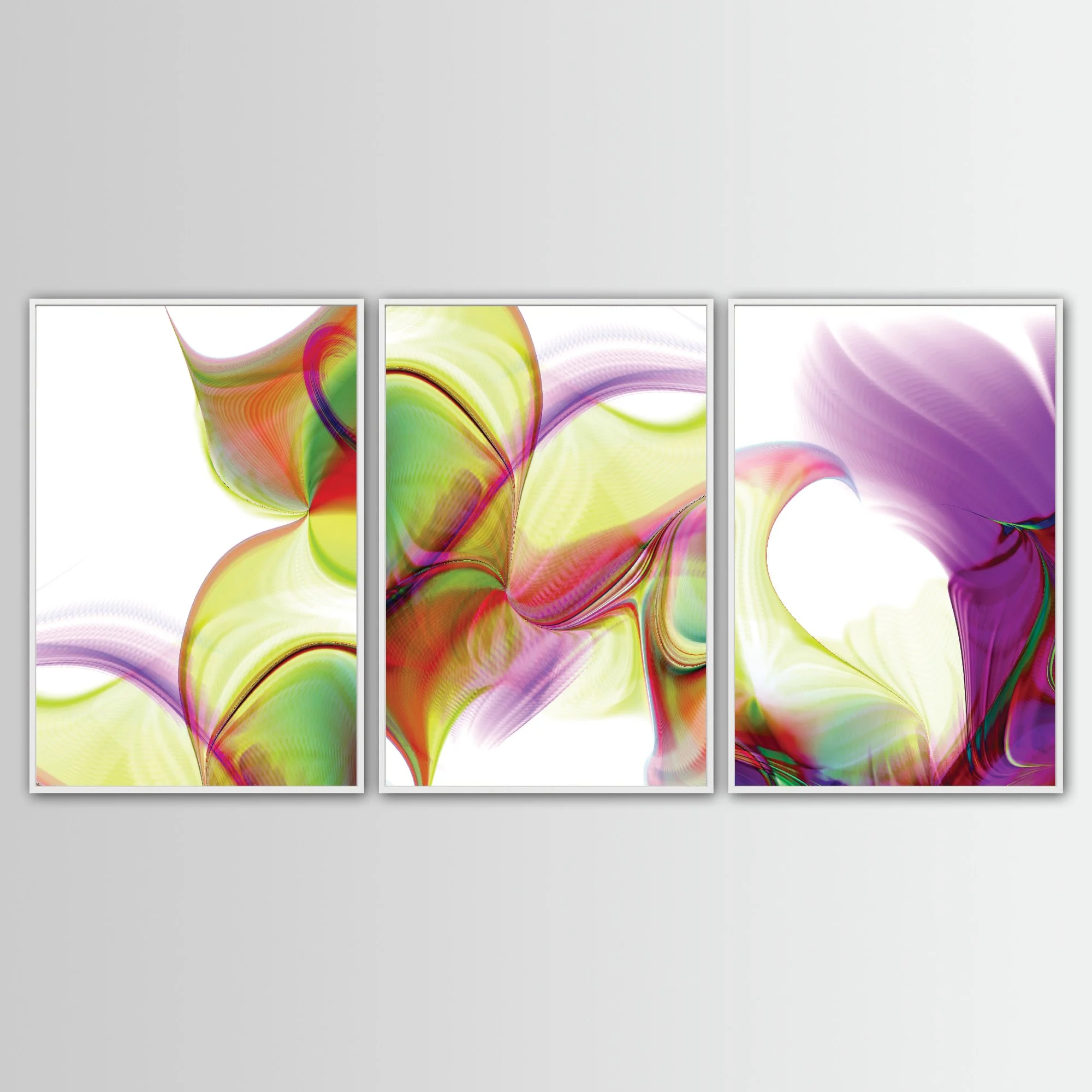 Abstract fine art triptych with, wave patterns and fine line structures in violet, lavender, and lime green over a white background, framed and ready to hang. With white frame
