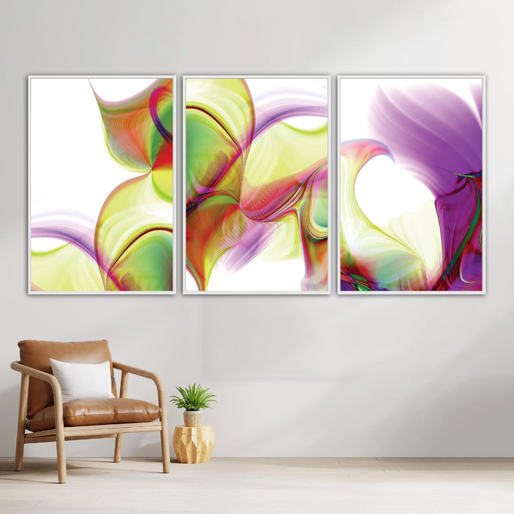 Abstract fine art triptych with, wave patterns and fine line structures in violet, lavender, and lime green over a white background, framed and ready to hang. With chair