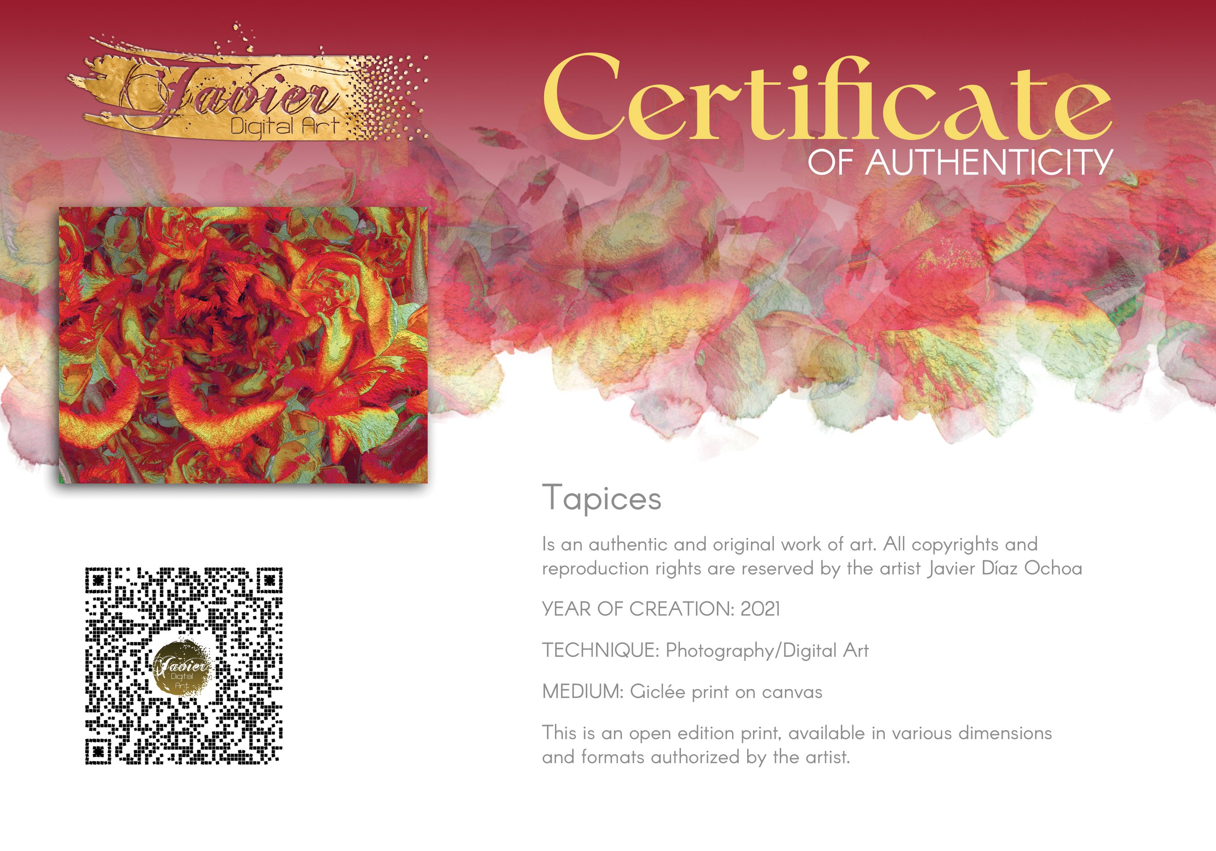 Abstract art textured floral pattern in vibrant crimson red, fiery orange, and gold tones, framed and ready to hang. Certificate of Authenticity