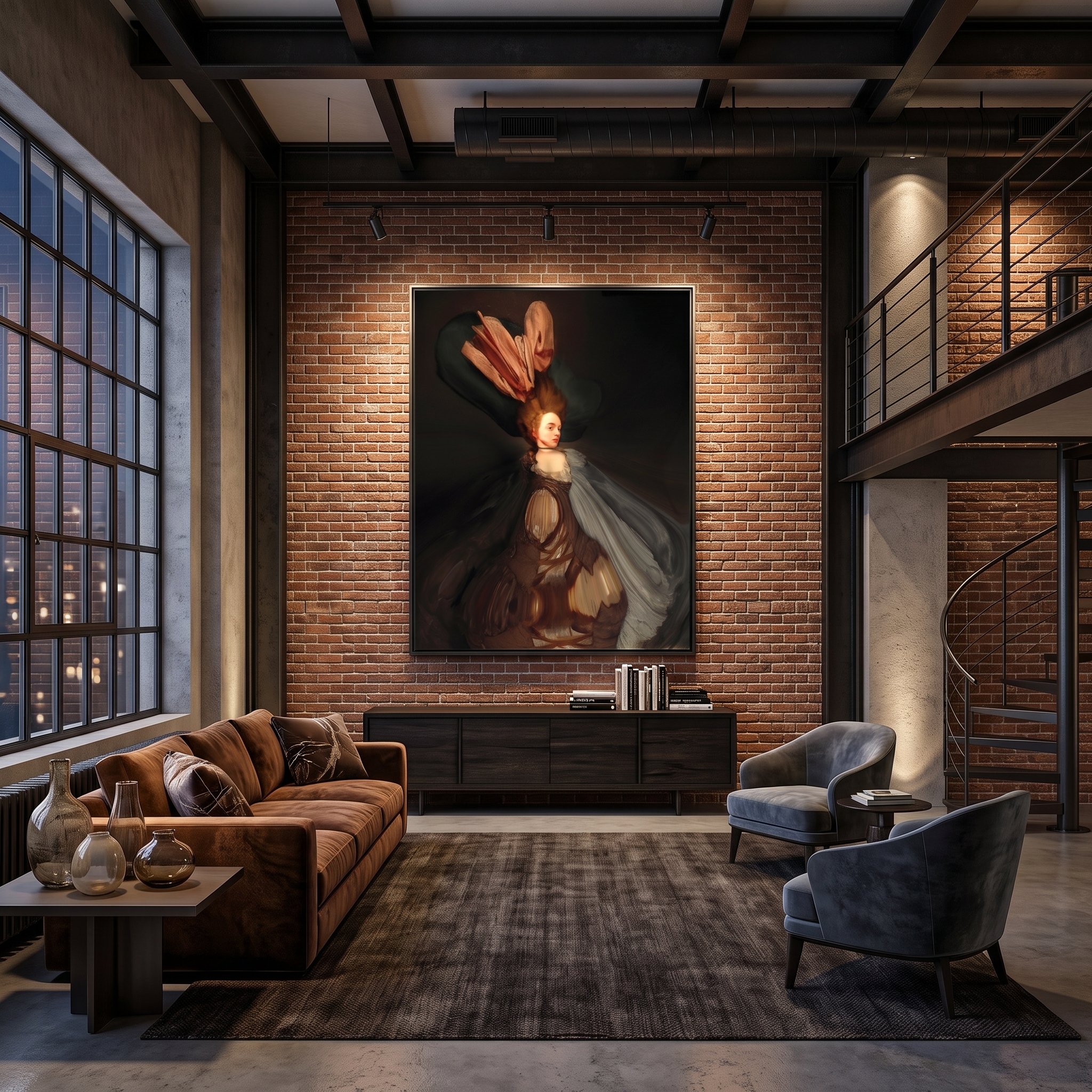 Large canvas art with a fluid abstract portrait hanging on a brick wall above a dark credenza in an industrial loft, featuring a brown leather sofa and grey armchairs.