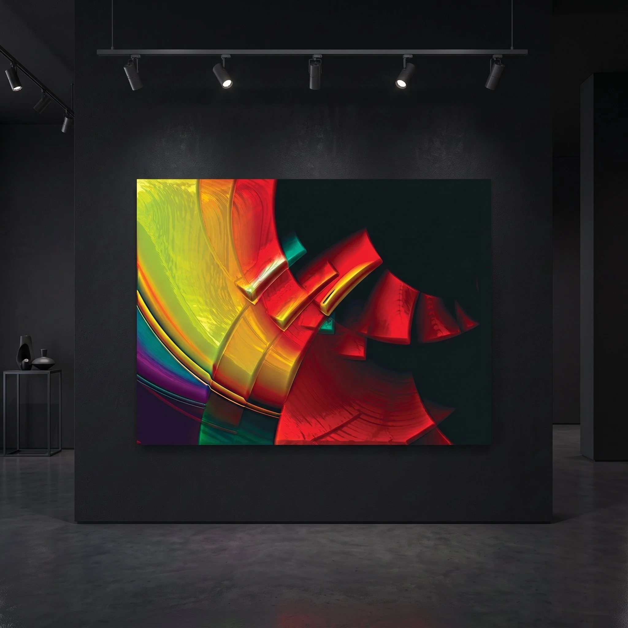 Colorful, illuminated abstract painting on a black wall inside a modern art gallery with polished concrete flooring and track lighting.
