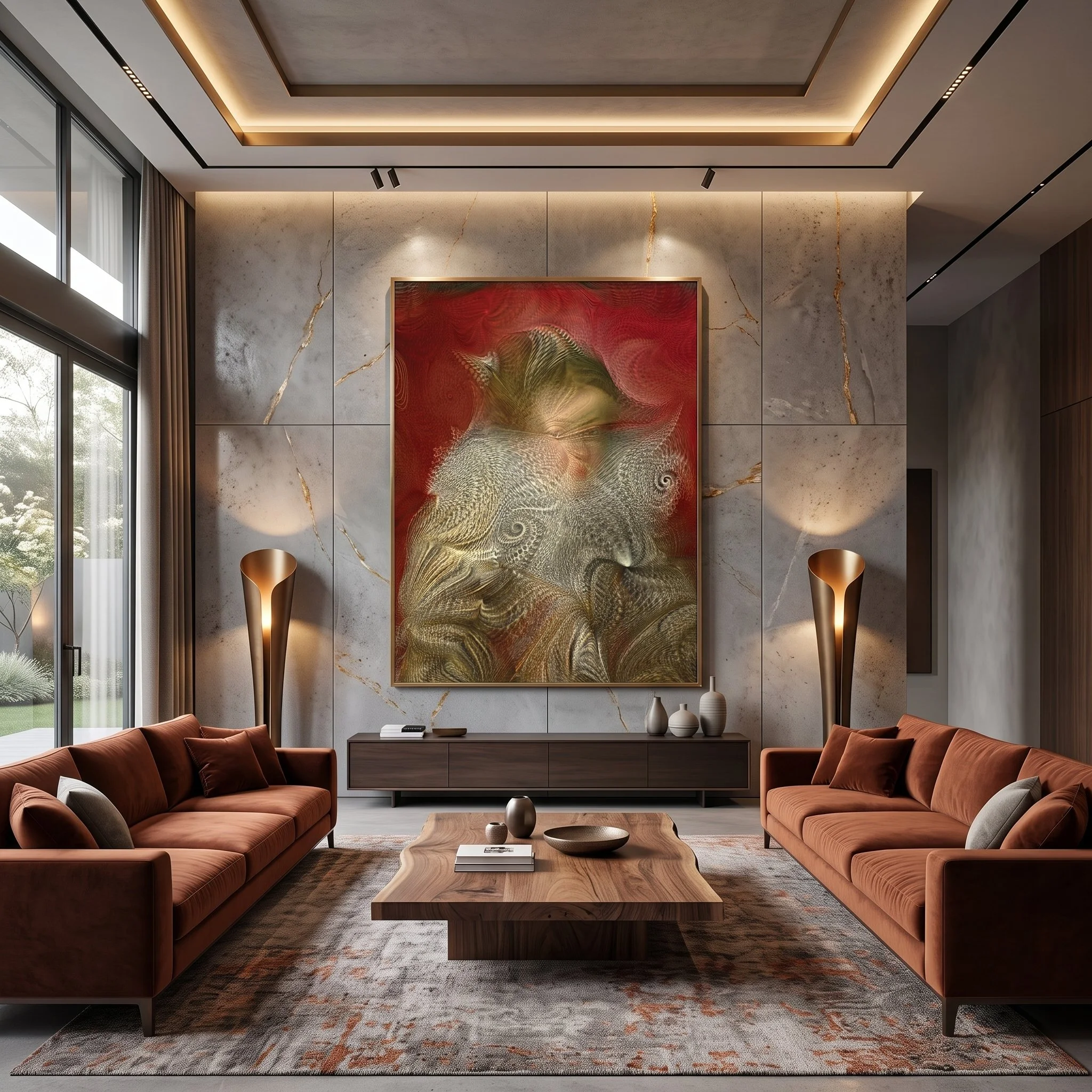 Large canvas art featuring an intricate, textured abstract portrait hanging on a marble wall above a wooden console table in a luxury room with terracotta sofas.