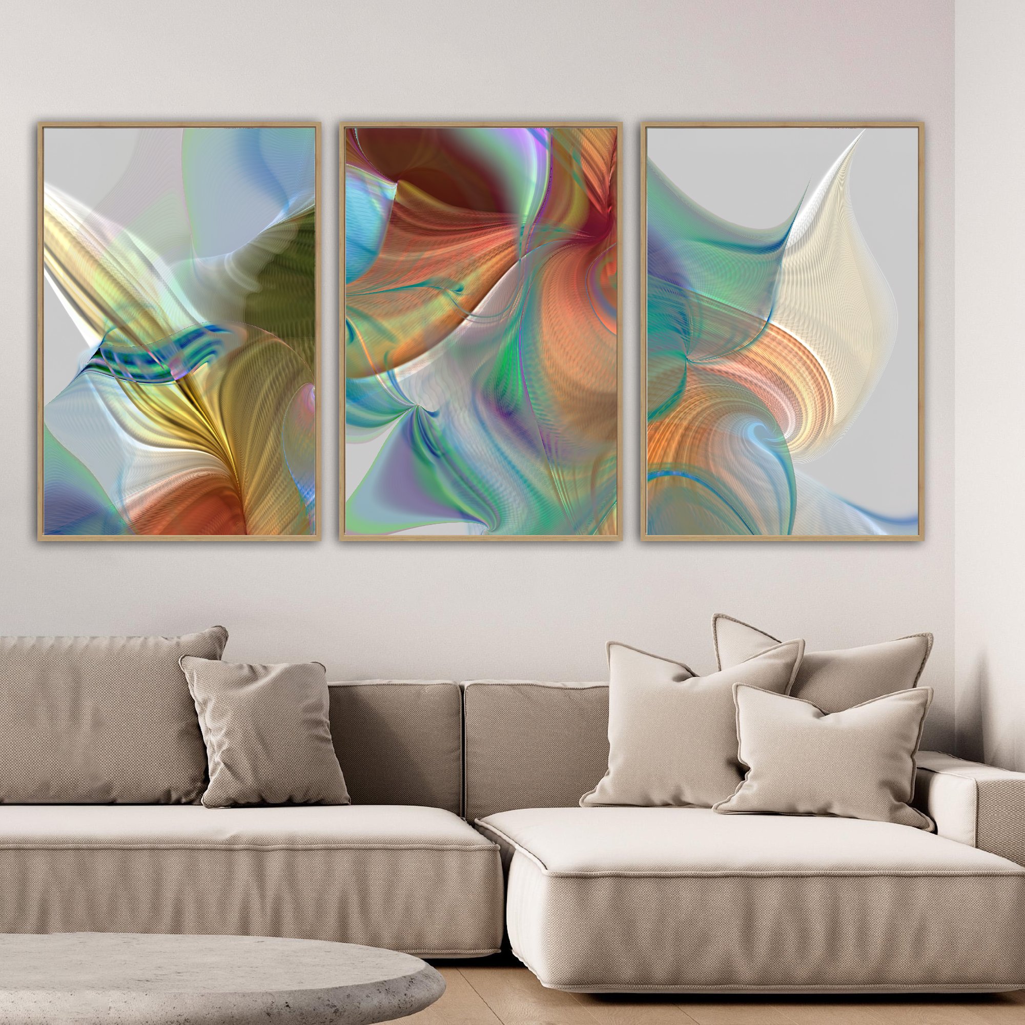 Abstract triptych with flowing organic shapes and wave line patterns in terracotta, old gold, and light blue tones over a gray background, framed and ready to hang. Over grey couch