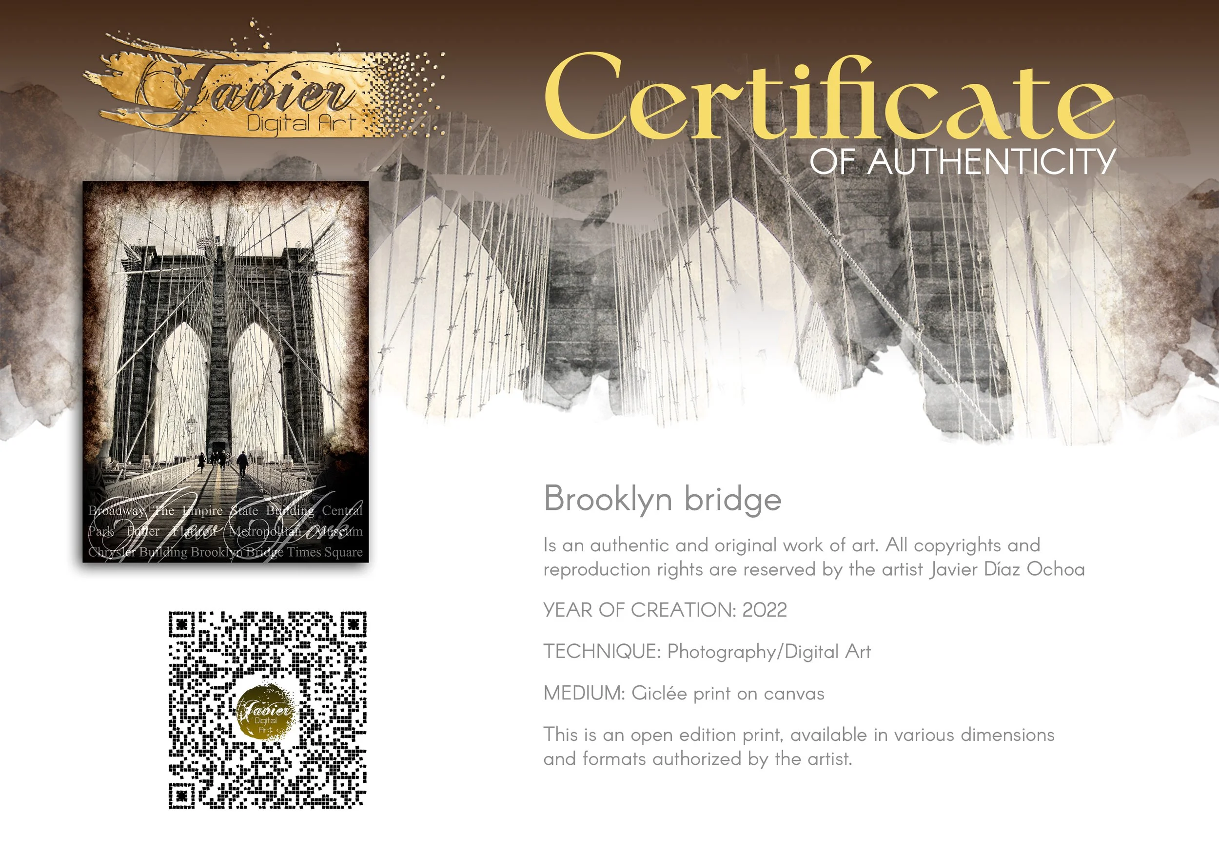 Vintage fine art print of New York City of Brooklyn Bridge with a textured sepia background and elegant typography of NYC landmarks, framed and ready to hang. Certificate of Authenticity
