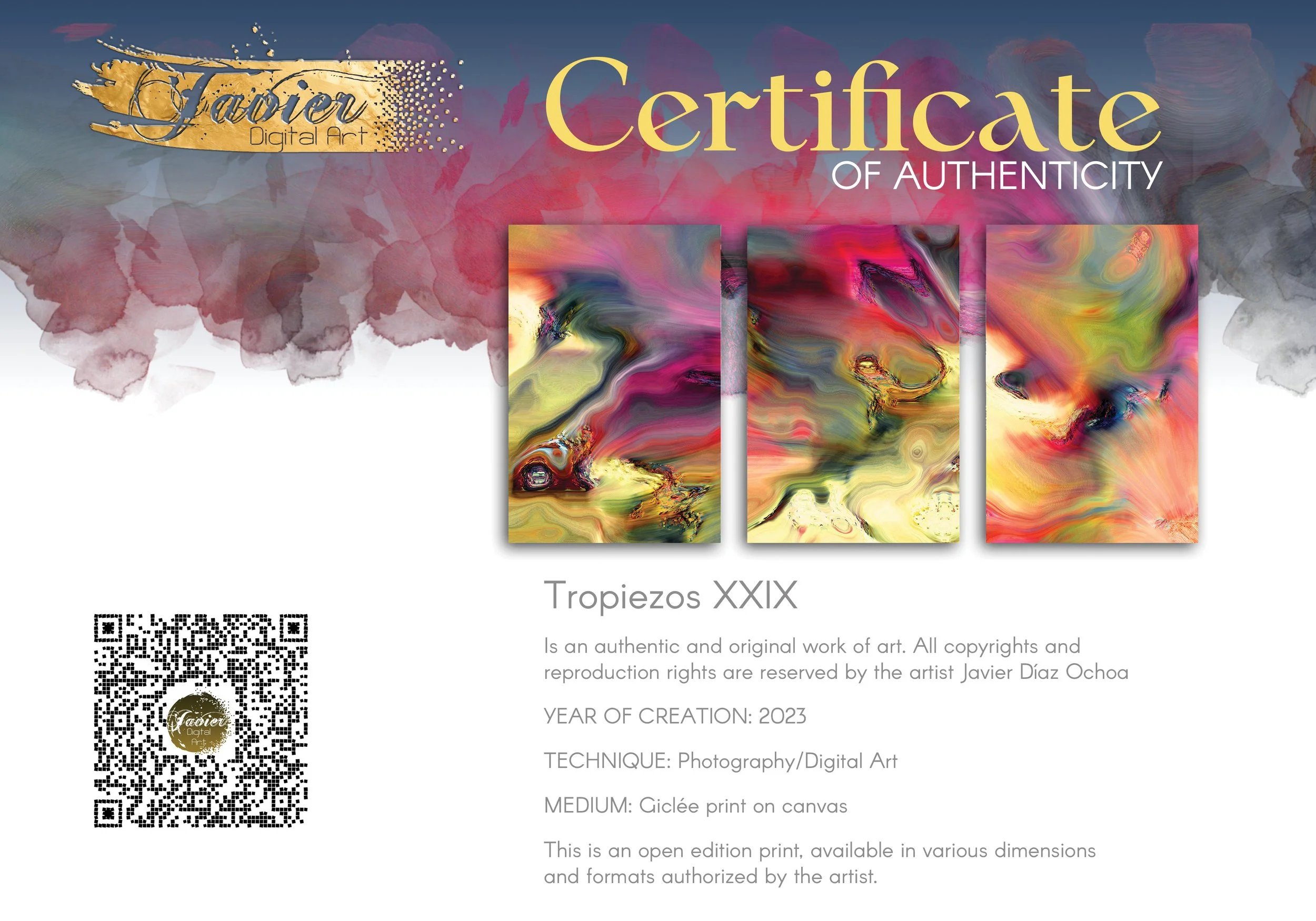 Abstract triptych with swirling psychedelic liquid marble textures in vibrant magenta, ocher yellow, and wine red tones over a warm background, framed and ready to hang. Certificate of Authenticity