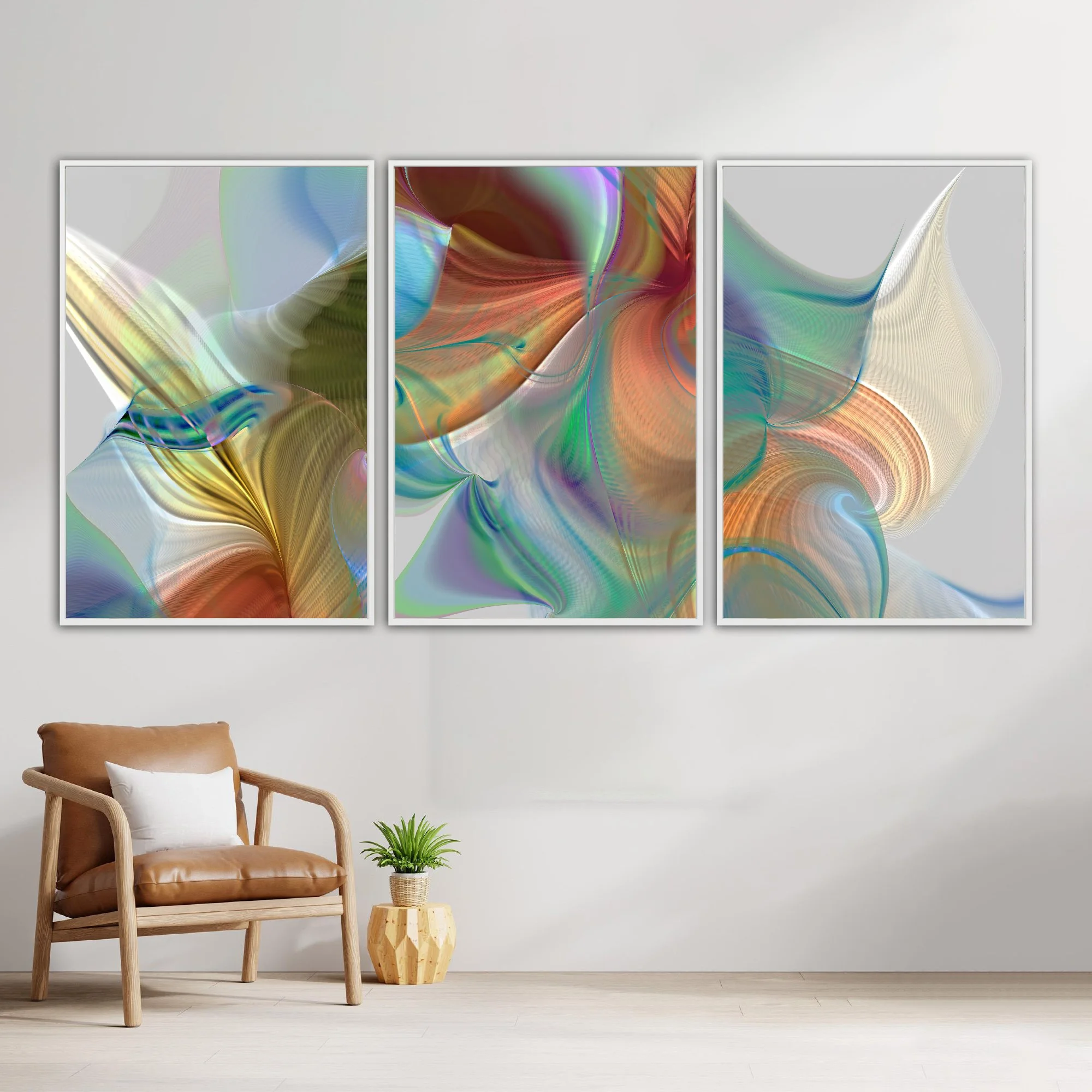 Abstract triptych with flowing organic shapes and wave line patterns in terracotta, old gold, and light blue tones over a gray background, framed and ready to hang. With chair
