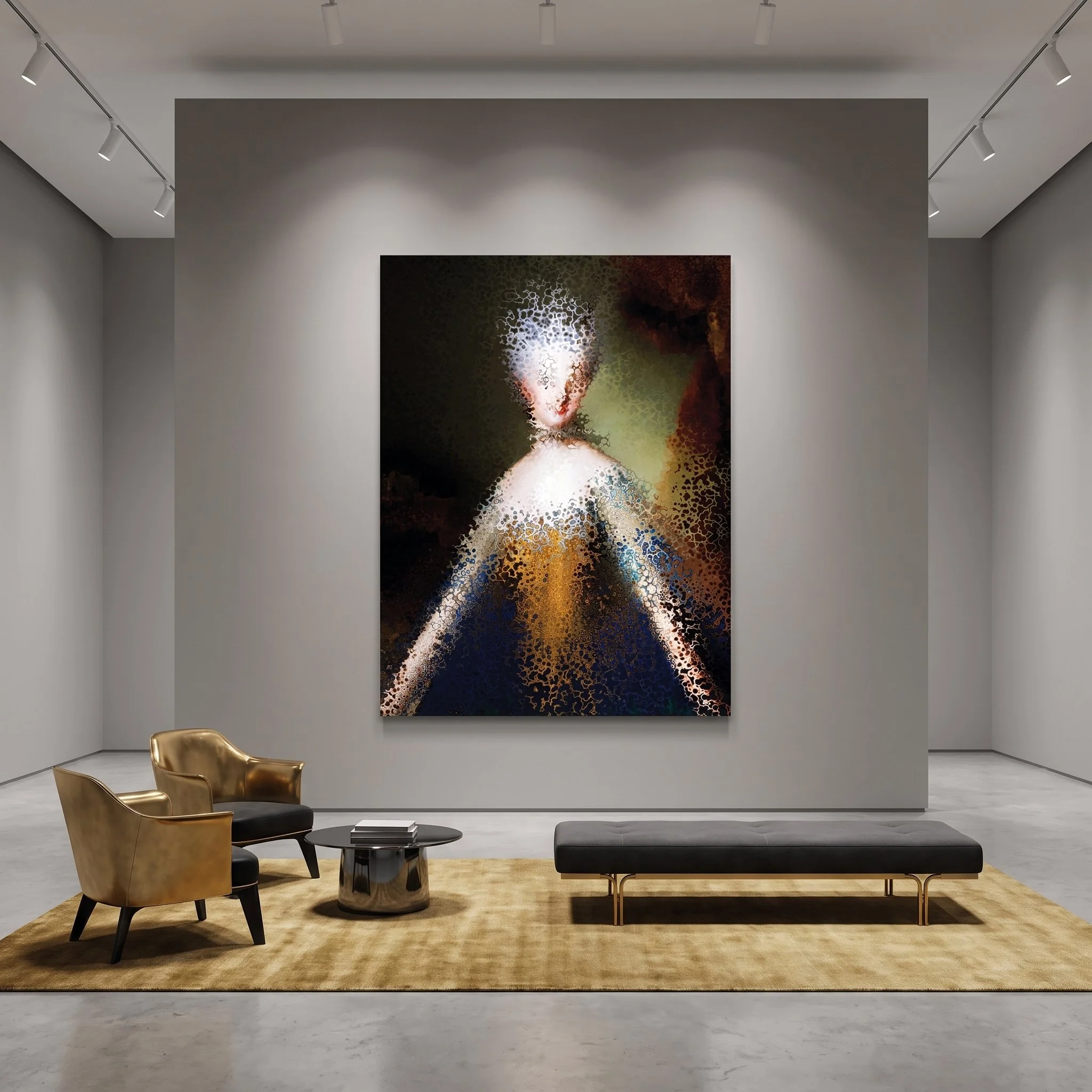 Large canvas art featuring a pixelated, stylized classic portrait hanging in a luxury modern gallery with gold armchairs, a black leather bench, and track lighting.