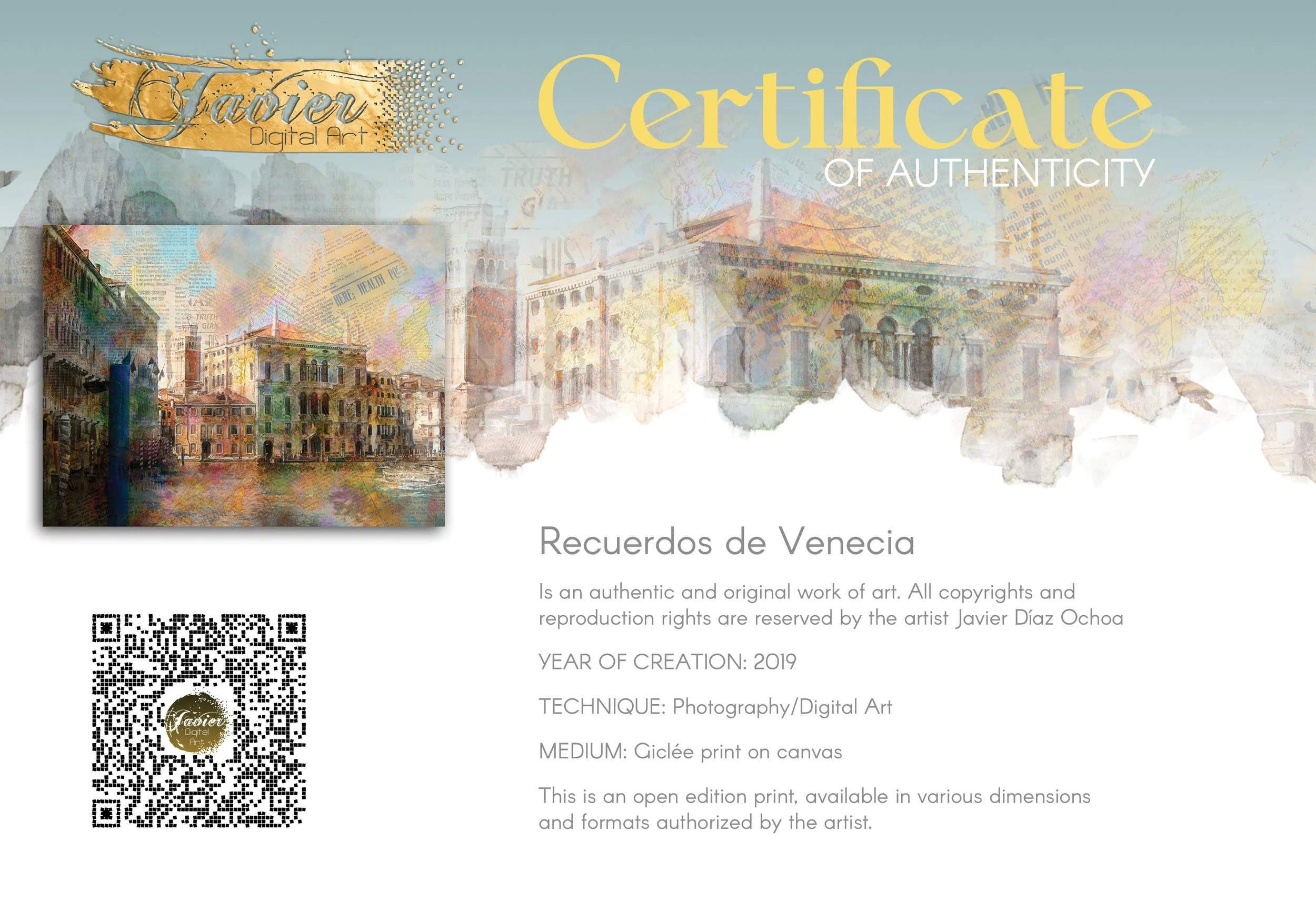 Fine art of Venice featuring historic palazzo architecture overlaid with vintage newspaper clippings and vibrant watercolor textures, framed and ready to hang. Certificate of Authenticity