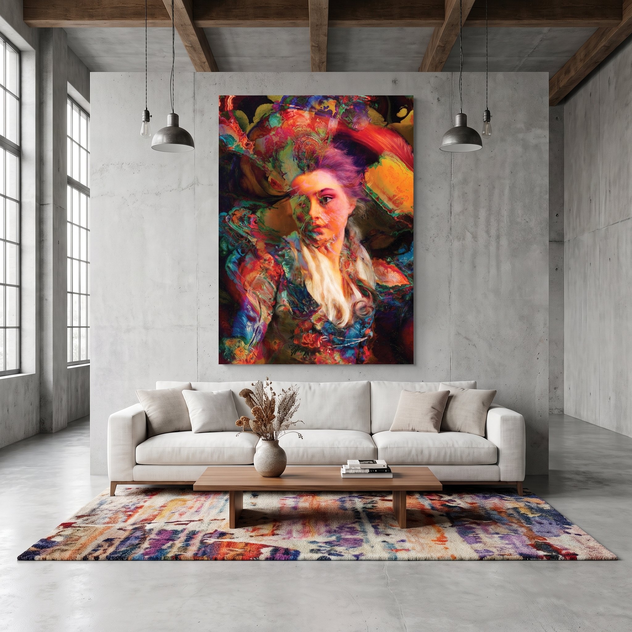 Large canvas art featuring a vibrant colorful abstract portrait hanging on a concrete wall in an industrial loft with a white sofa, wooden coffee table, and a patterned rug.