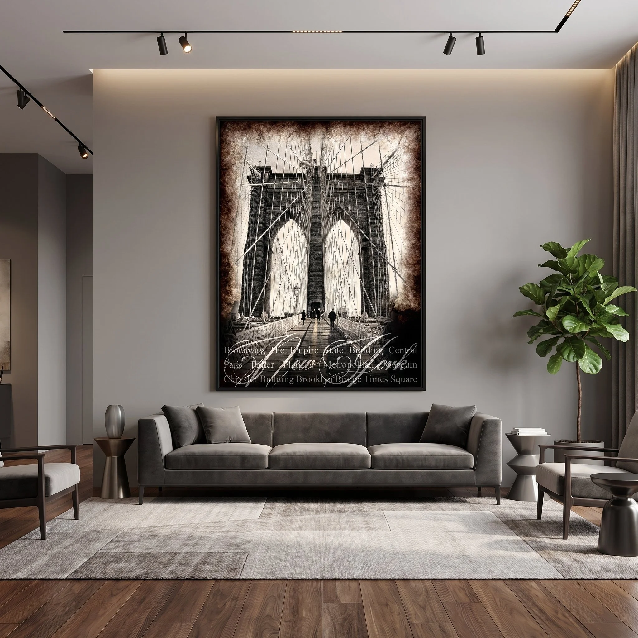 Large fine art print of Brooklyn Bridge hanging on a gray wall in a modern upscale living room with a velvet sofa, wood flooring, and a fiddle-leaf fig plant
