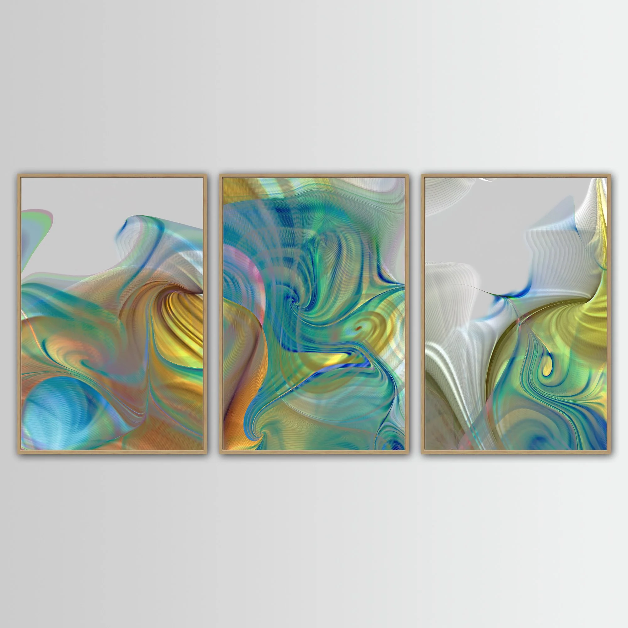 Abstract triptych with swirling fluid shapes and intricate wave line patterns in teal, turquoise, and metallic gold tones over a gray background, framed and ready to hang. With wooden frame