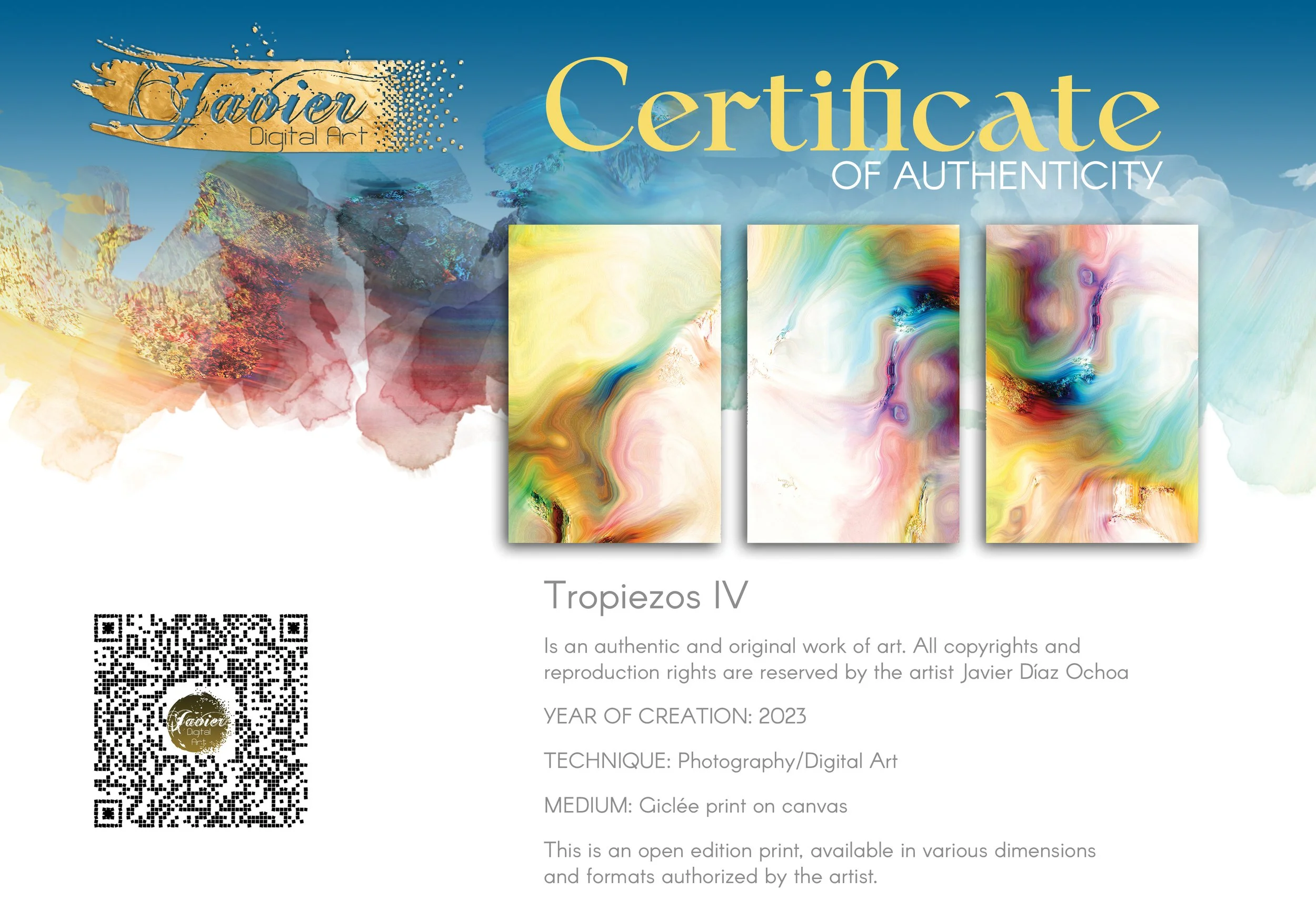 Abstract fine art triptych with textures and swirls in  yellow, green, turquoise, and pink with gold accents on a white background, framed and ready to hang. Certificate of Authenticity