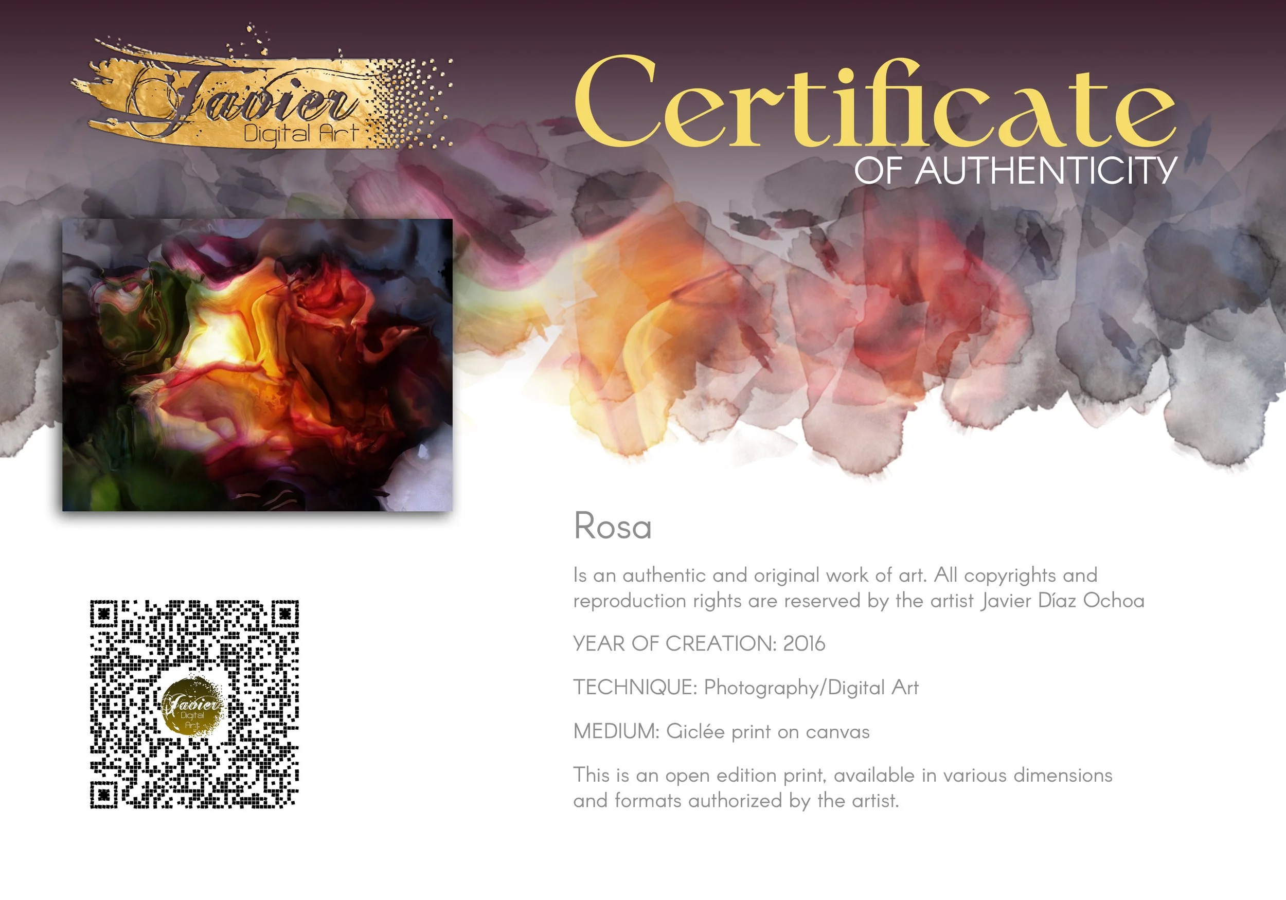 Abstract art print with a glowing translucent floral shape in fiery orange, deep red, and dark green tones surrounded by smoky textures, framed and ready to hang. Certificate of Authenticity