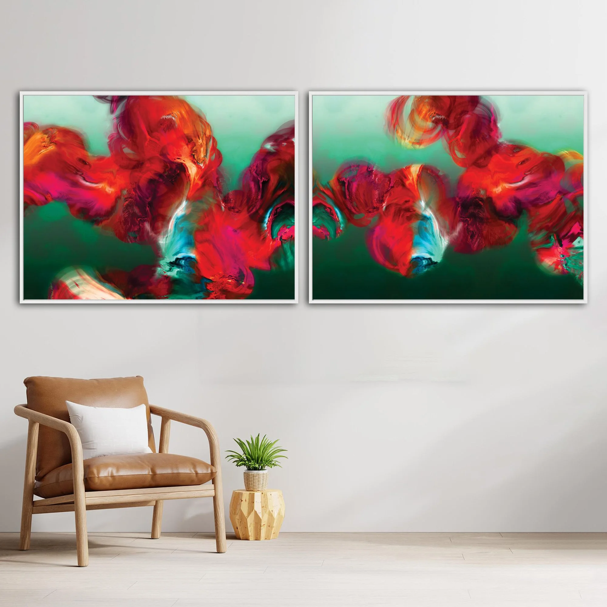 Abstract diptych with textured, cloud-like fluid shapes in fiery red, magenta, and bright ocher against a deep emerald green and teal background, framed and ready to hang. With chair