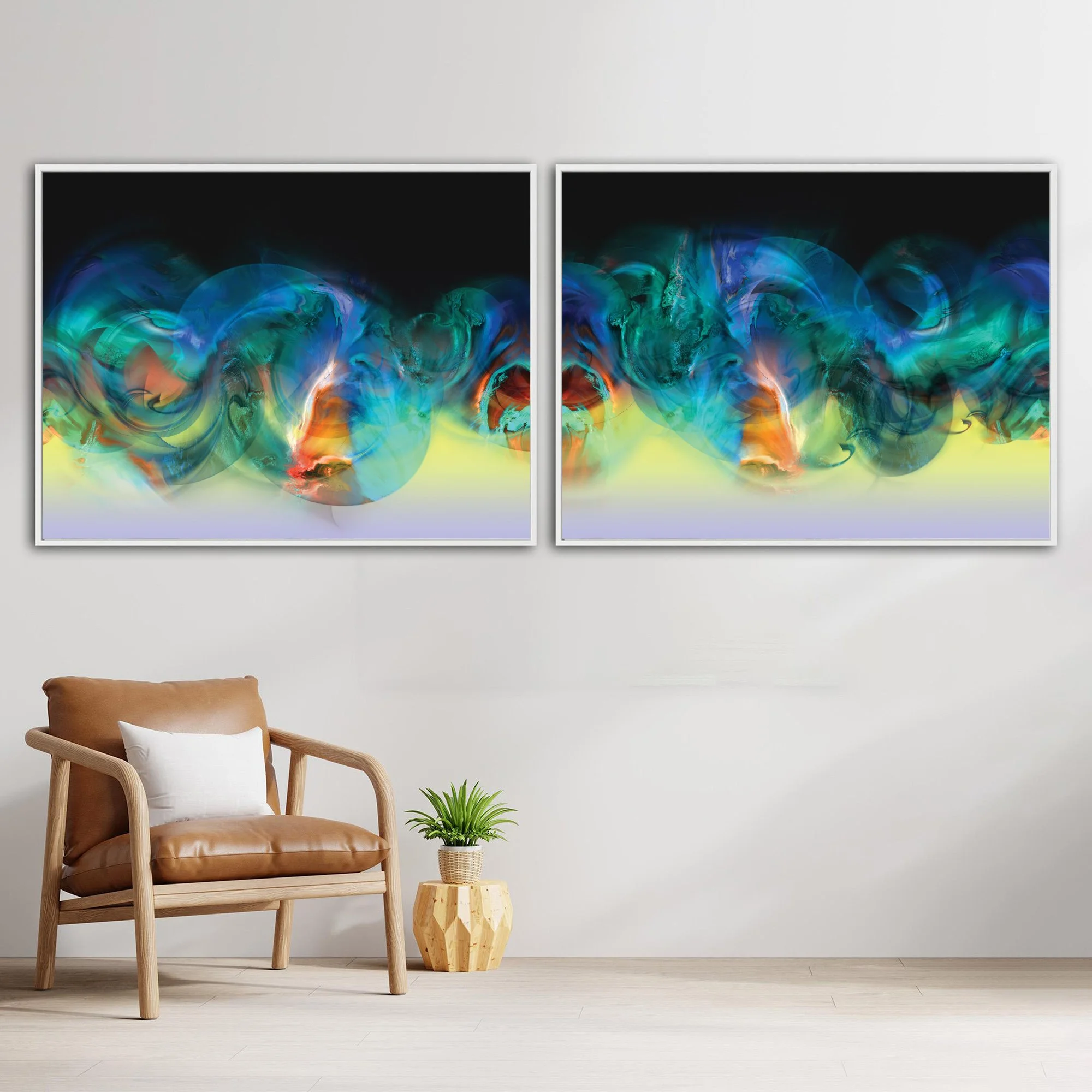 Abstract art diptych with swirling fluid shapes in vibrant blue, deep teal, and emerald green, with orange on black and yellow background, framed and ready to hang. With chair
