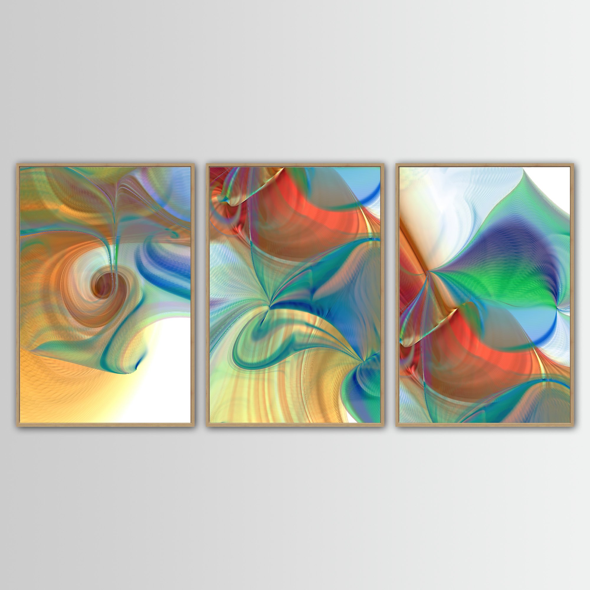 Abstract triptych with swirling fluid structures, intricate line patterns, and a palette of red, orange, teal, and green over a white background, framed and ready to hang. With wooden frame