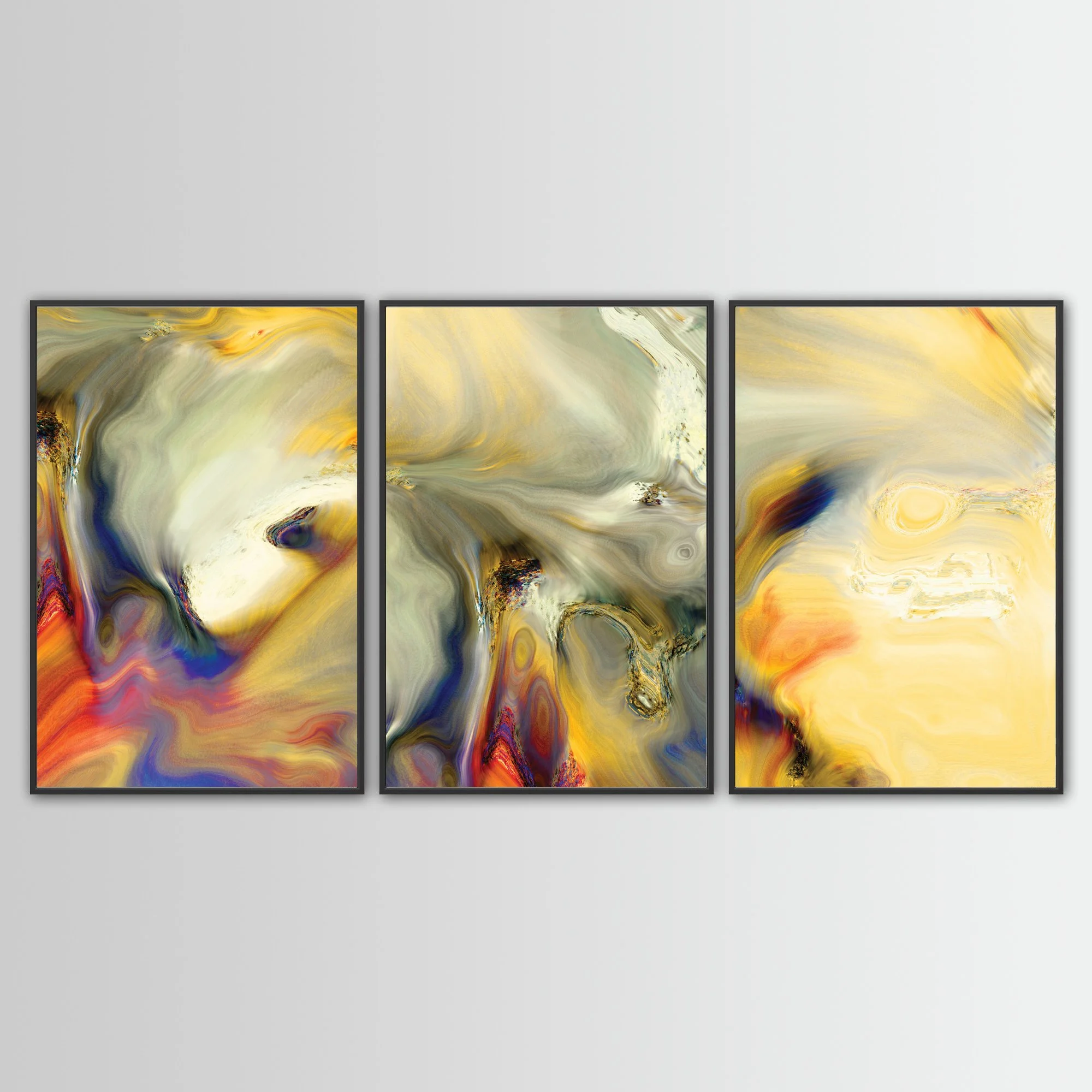 Abstract triptych with liquid textures in warm gold, ocher, and cream, contrasting with deep navy blue and terracotta swirls, framed and ready to hang. With black frame