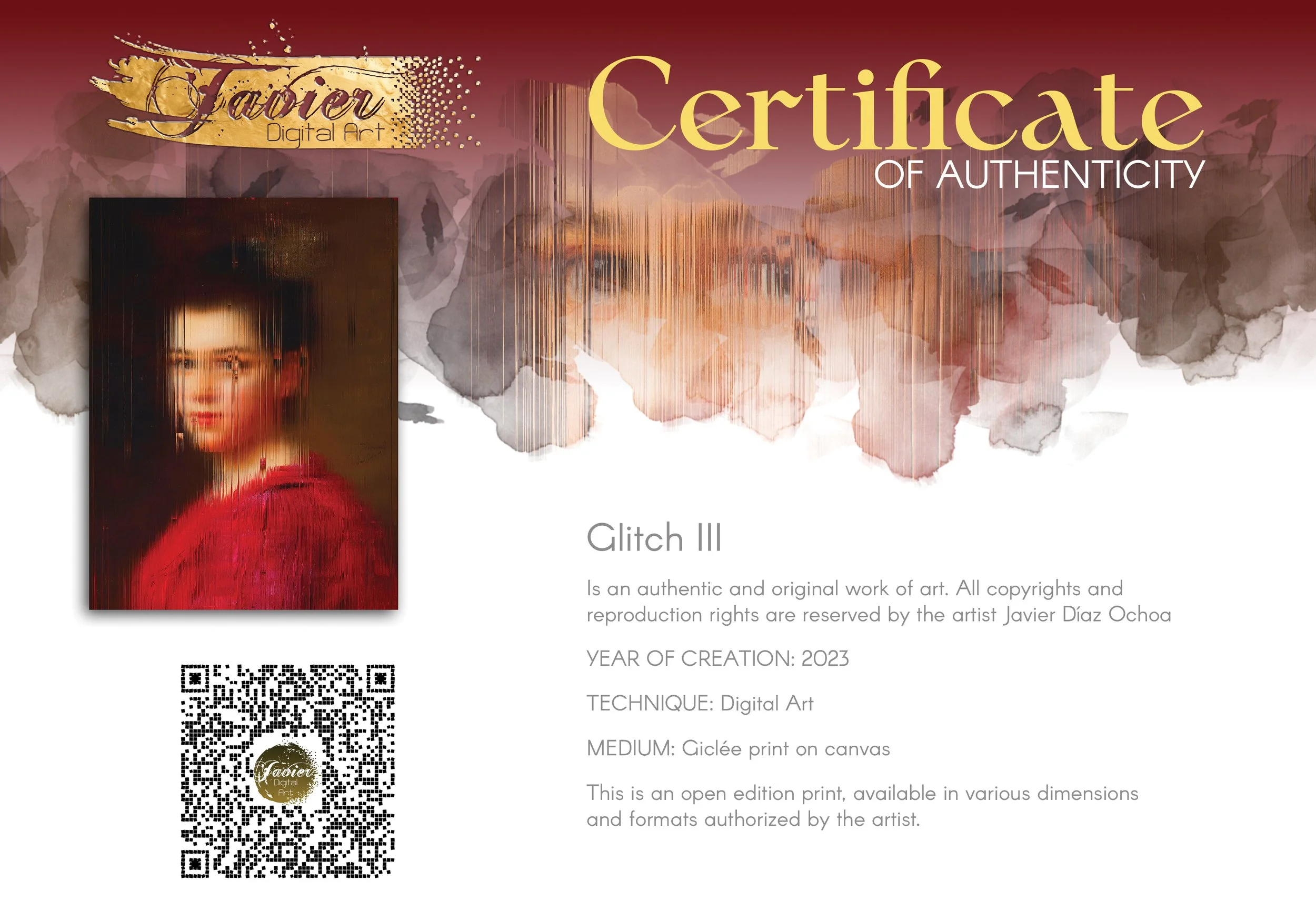 Contemporary art of a classical portrait of a woman in a red dress, deconstructed through fine vertical digital glitch on dark background, framed and ready to hang. Certificate of Authenticity