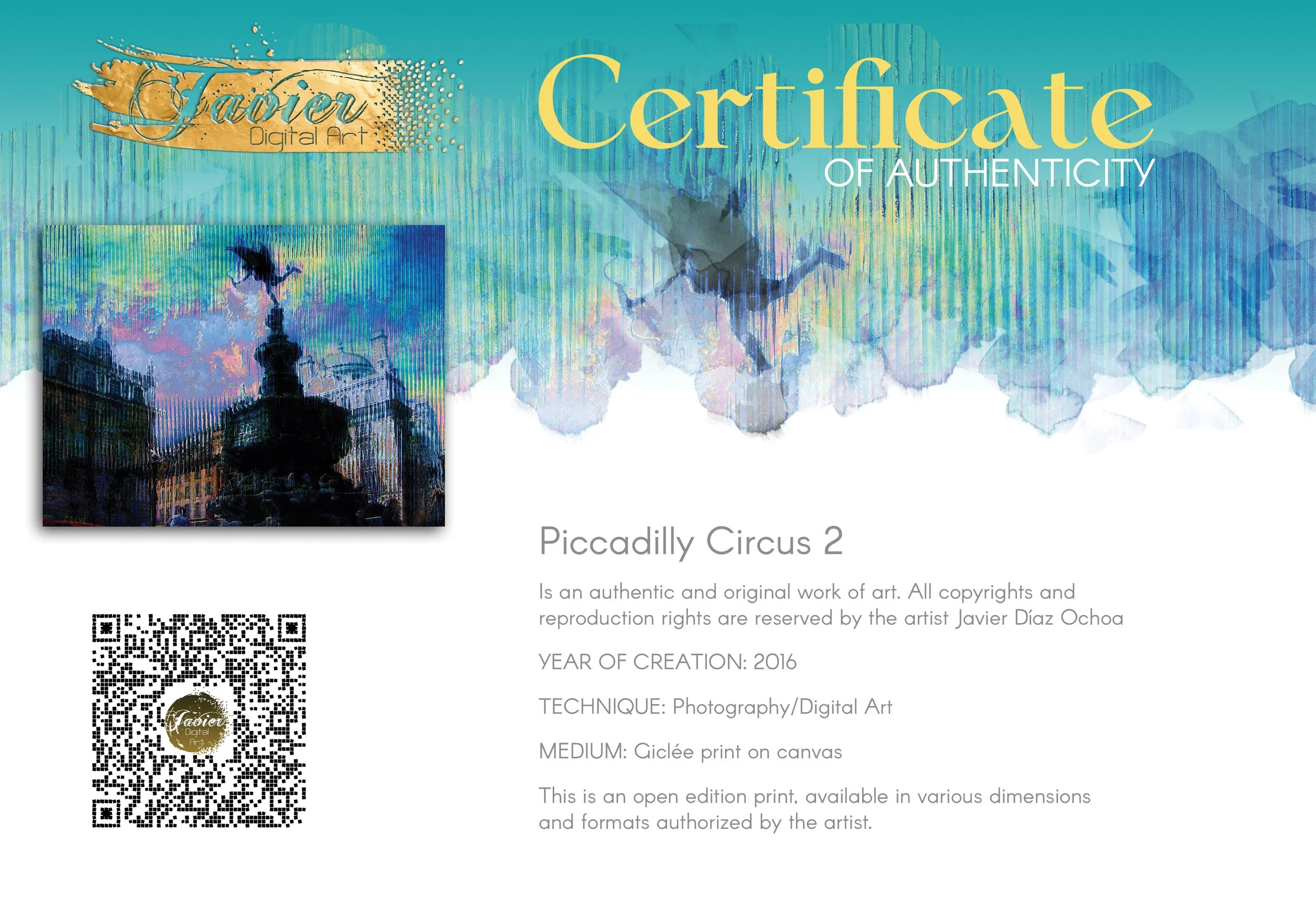 Contemporary fine art of Piccadilly Circus in London, deconstructed through a vertical glitch texture with a vibrant twilight color palette, framed and ready to hang. Certificate of Authenticity
