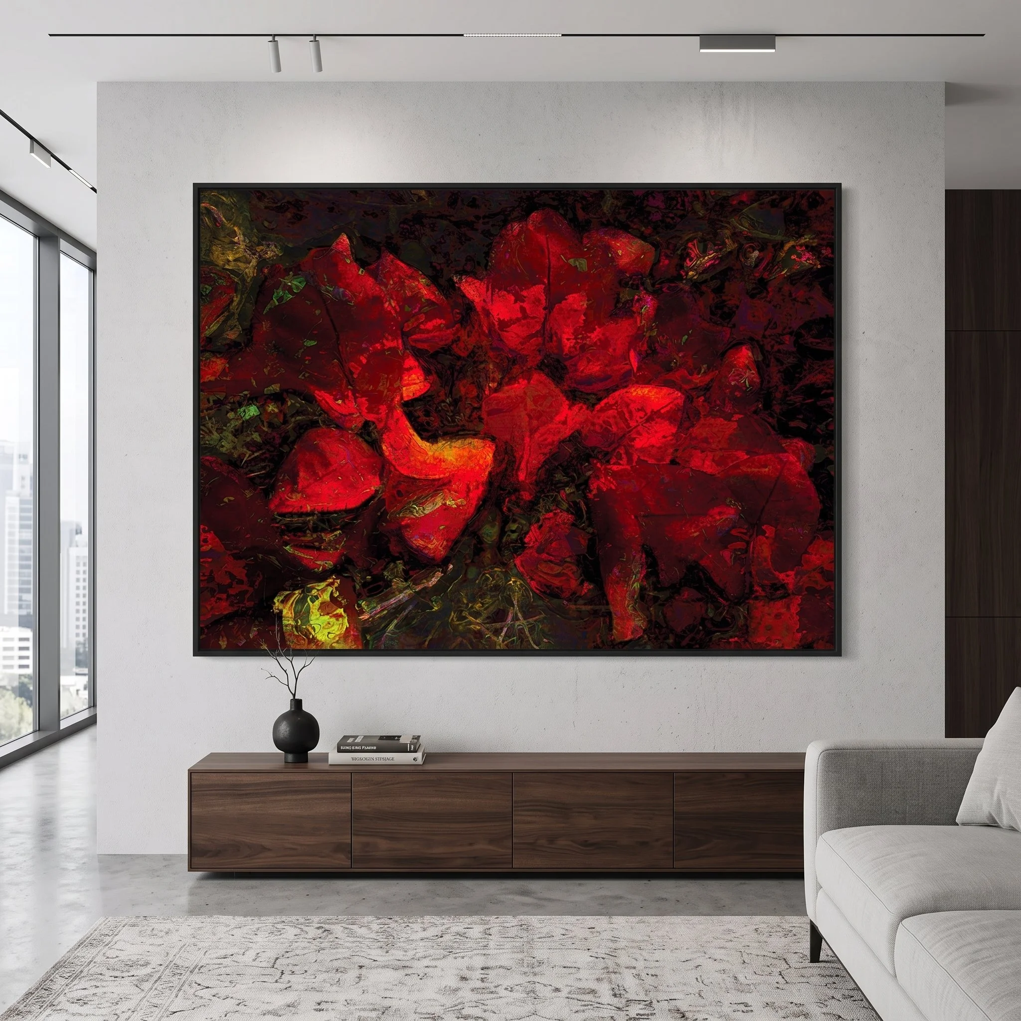 Large canvas art with a textured red abstract design hanging above a dark wooden credenza in a minimalist room, featuring a grey sofa and concrete floors.