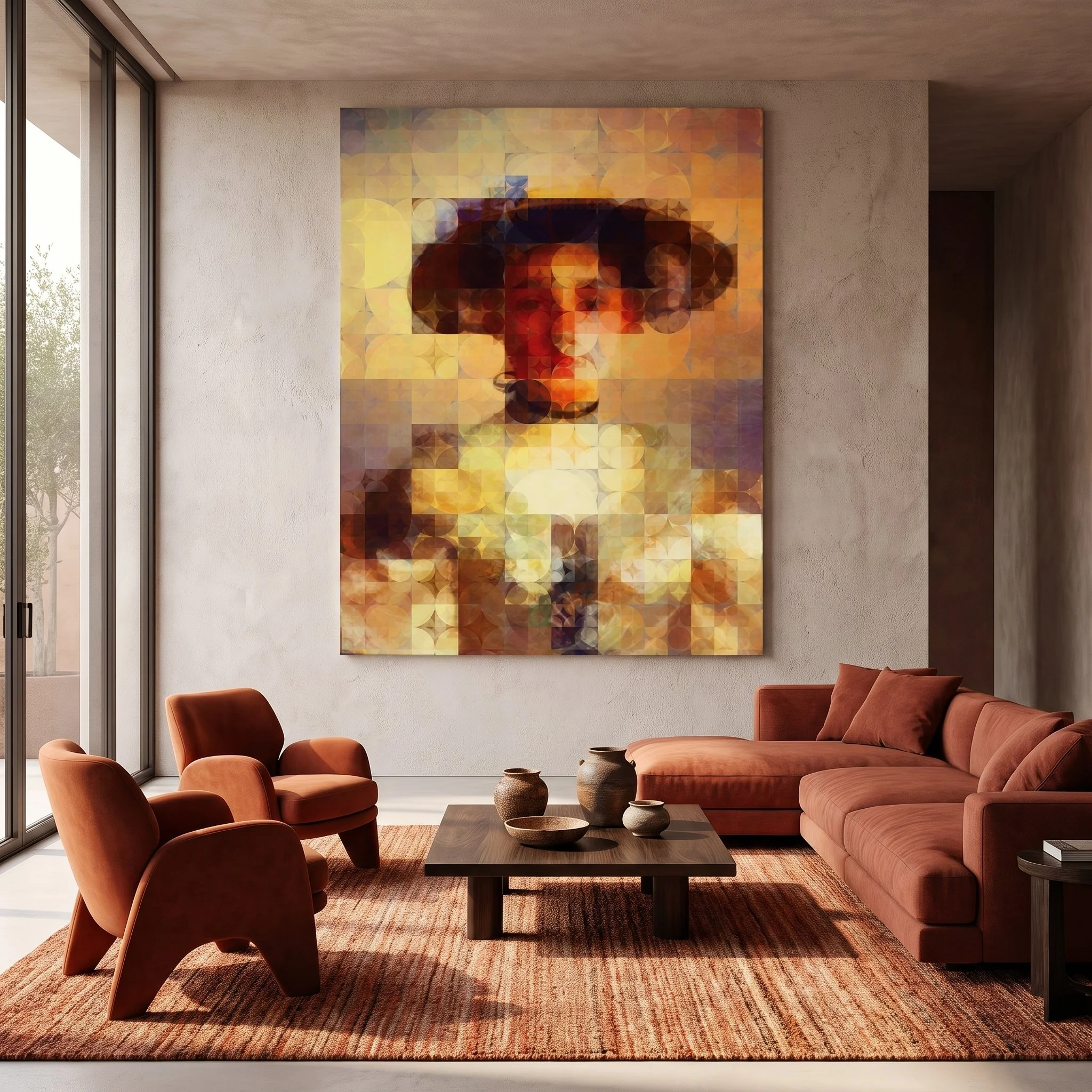 Large canvas art featuring a pixelated geometric classic portrait hanging on a plaster wall in a modern room, with a terracotta sectional sofa and matching armchairs.