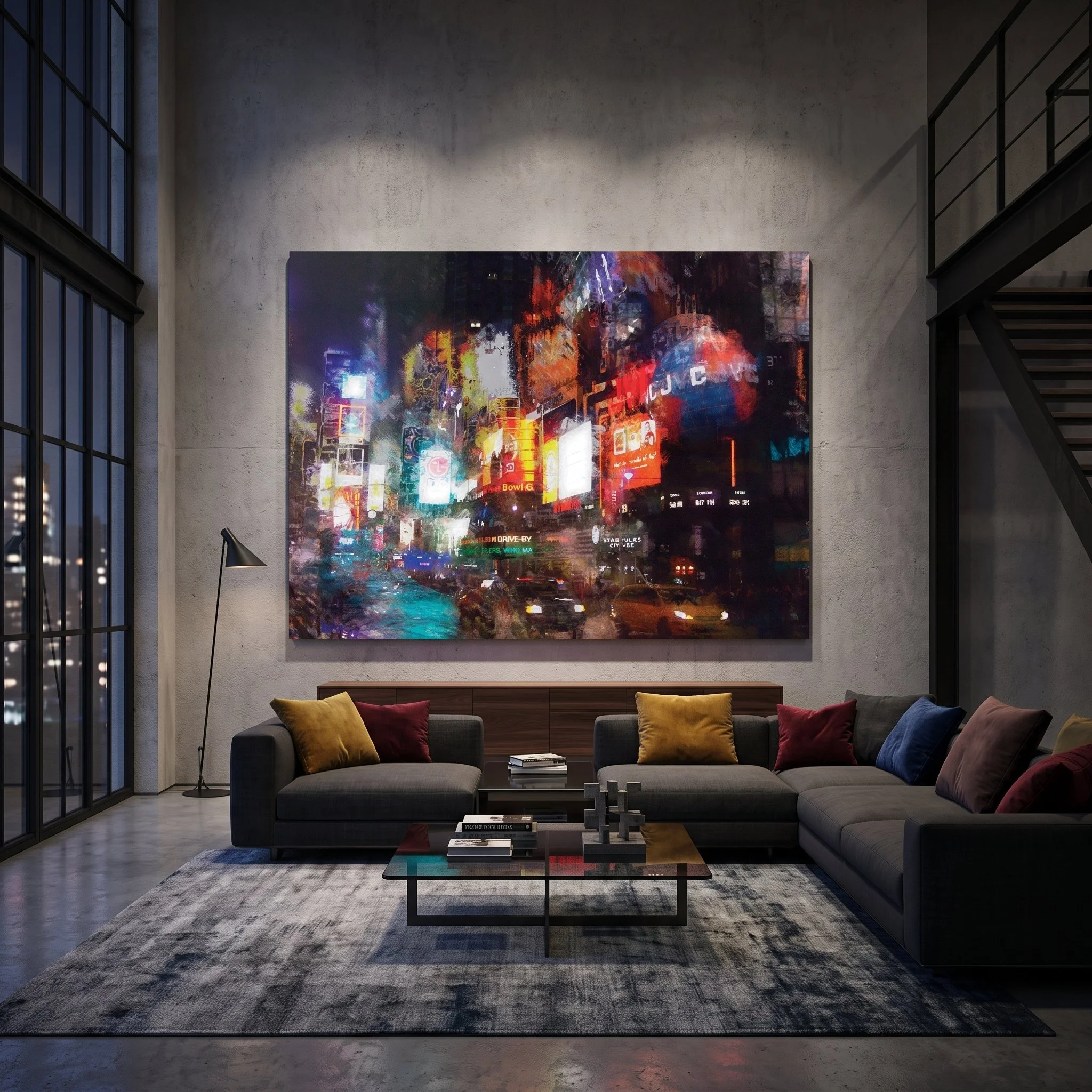 Large art fine art print of Times Square at night hanging on a concrete wall in a luxury industrial loft with a dark gray sectional sofa and a patterned rug