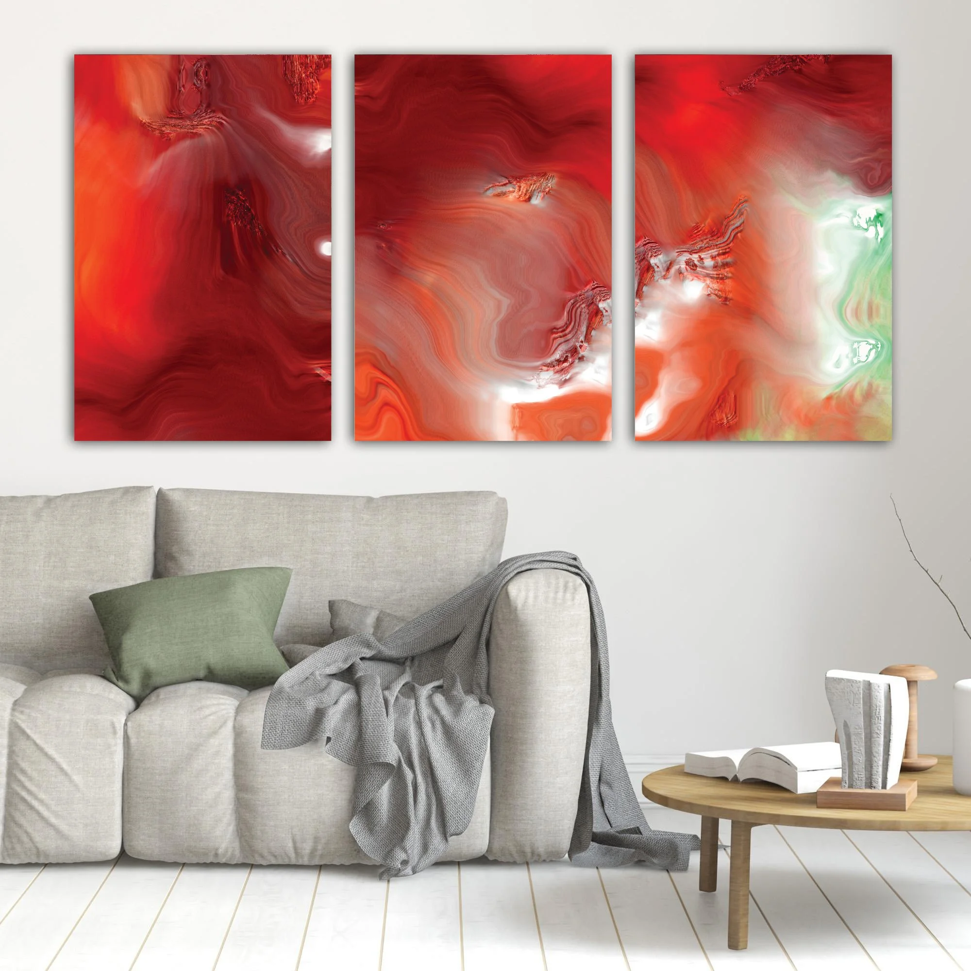 Abstract fine art triptych with dense, flowing liquid marble textures in vibrant crimson red, burgundy, and coral orange, white highlights and light green, framed and ready to hang. In living room