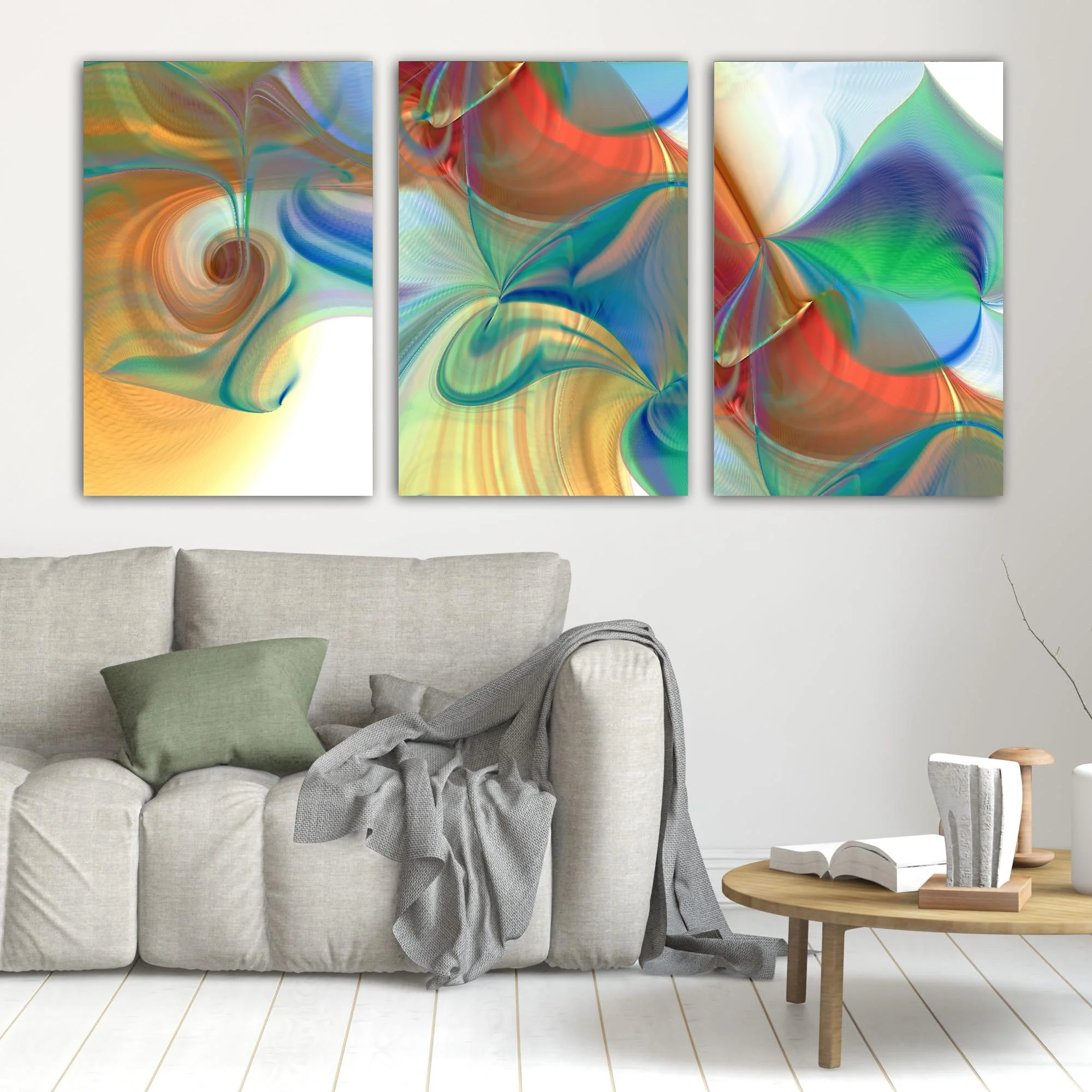 Abstract triptych with swirling fluid structures, intricate line patterns, and a palette of red, orange, teal, and green over a white background, framed and ready to hang. In living room