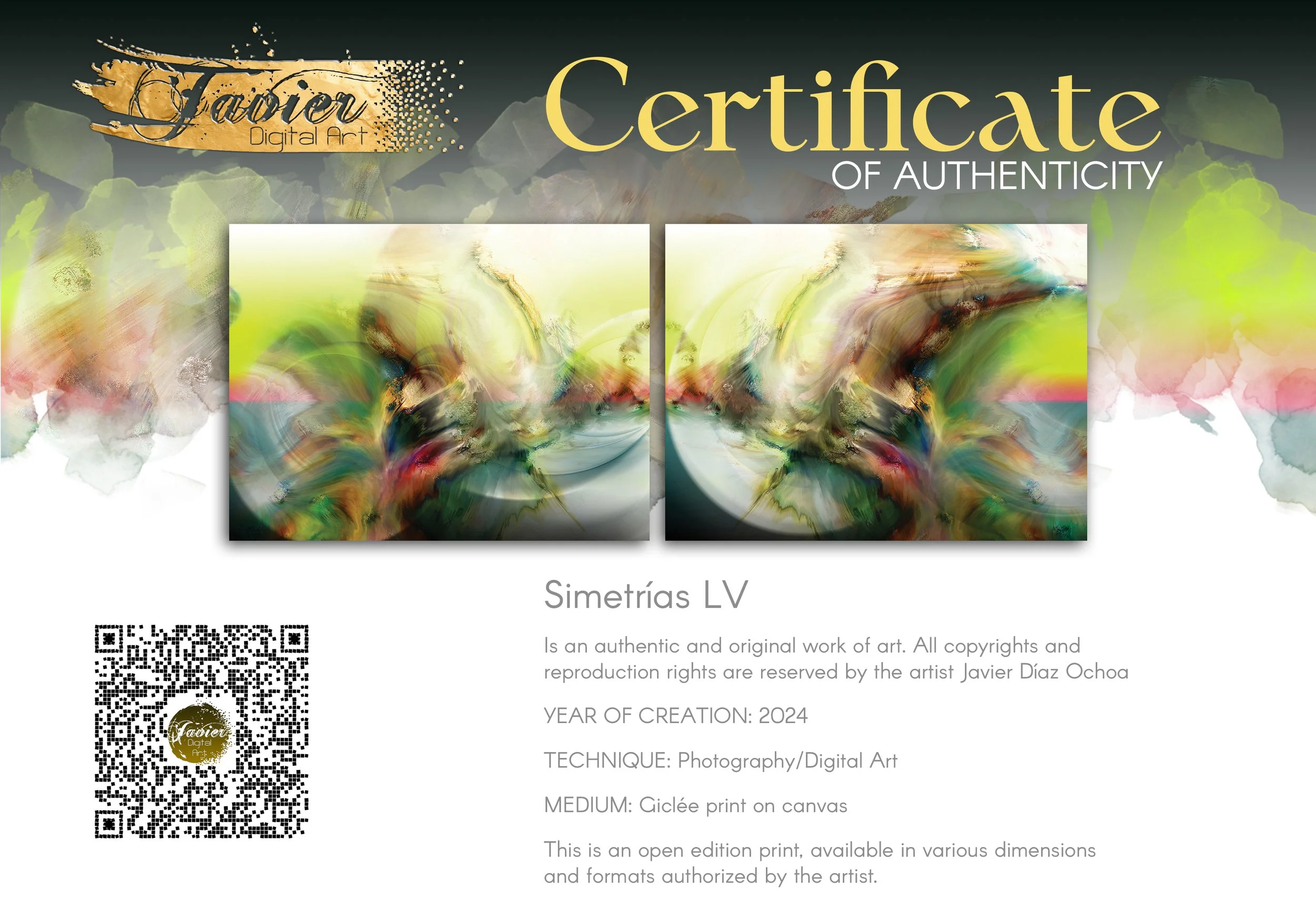 Abstract art diptych with luminous spherical shapes, organic textures, and background in yellow, cream, and sky blue tones, framed and ready to hang. Certificate of Authenticity