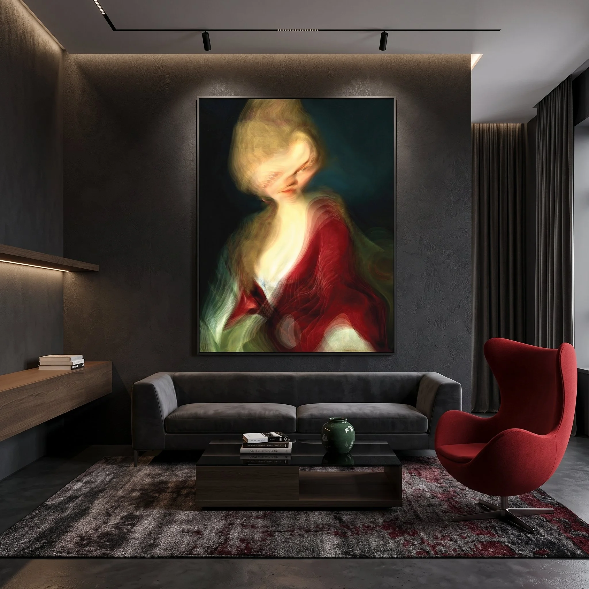 Large canvas art with a fluid abstract portrait hanging on a dark wall above a grey sofa, featuring a red egg chair and a modern wooden coffee table.