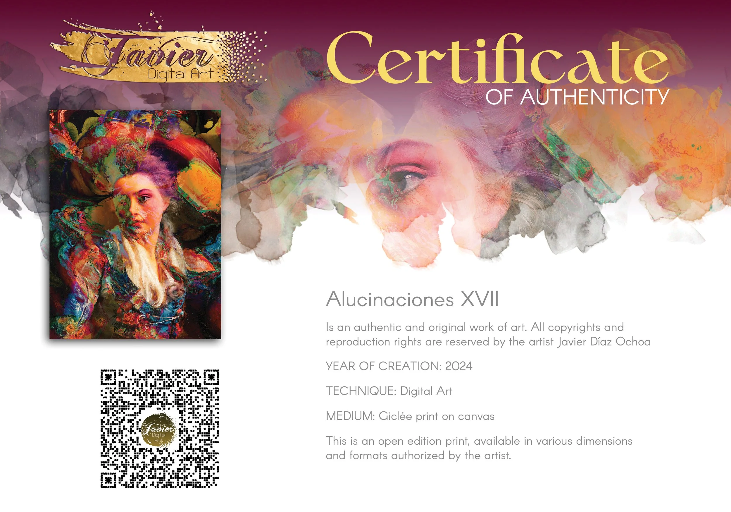 Vibrant art of a surreal classical portrait merged with psychedelic fluid textures in electric blue, magenta, and fiery orange cloud backgrounds, framed and ready to hang. Certificate of Authenticity