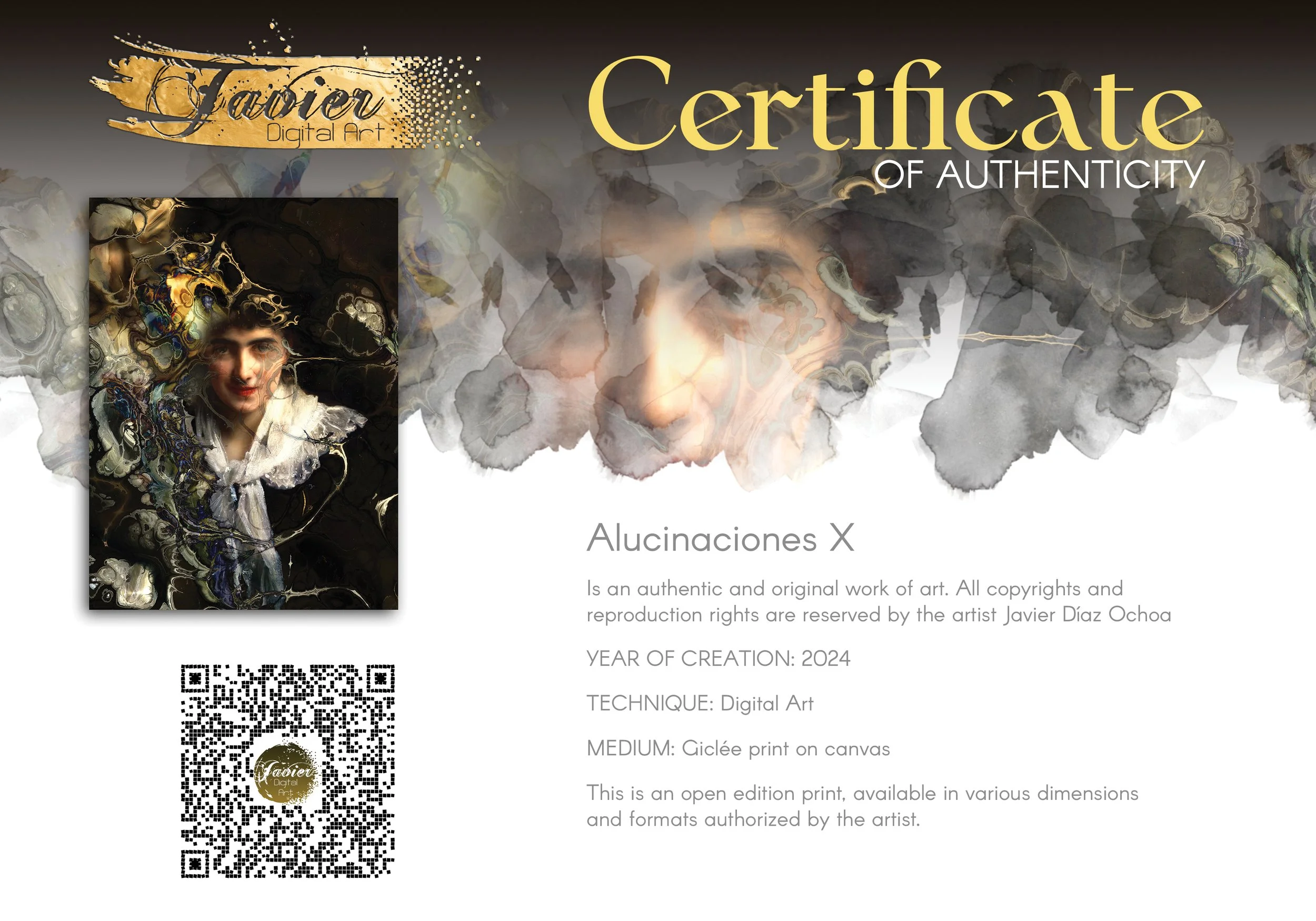 Contemporary art with a classical vintage portrait of a woman with complex fluid marble textures, fractal patterns, and a dark moody background, framed and ready to hang. Certificate of Authenticity
