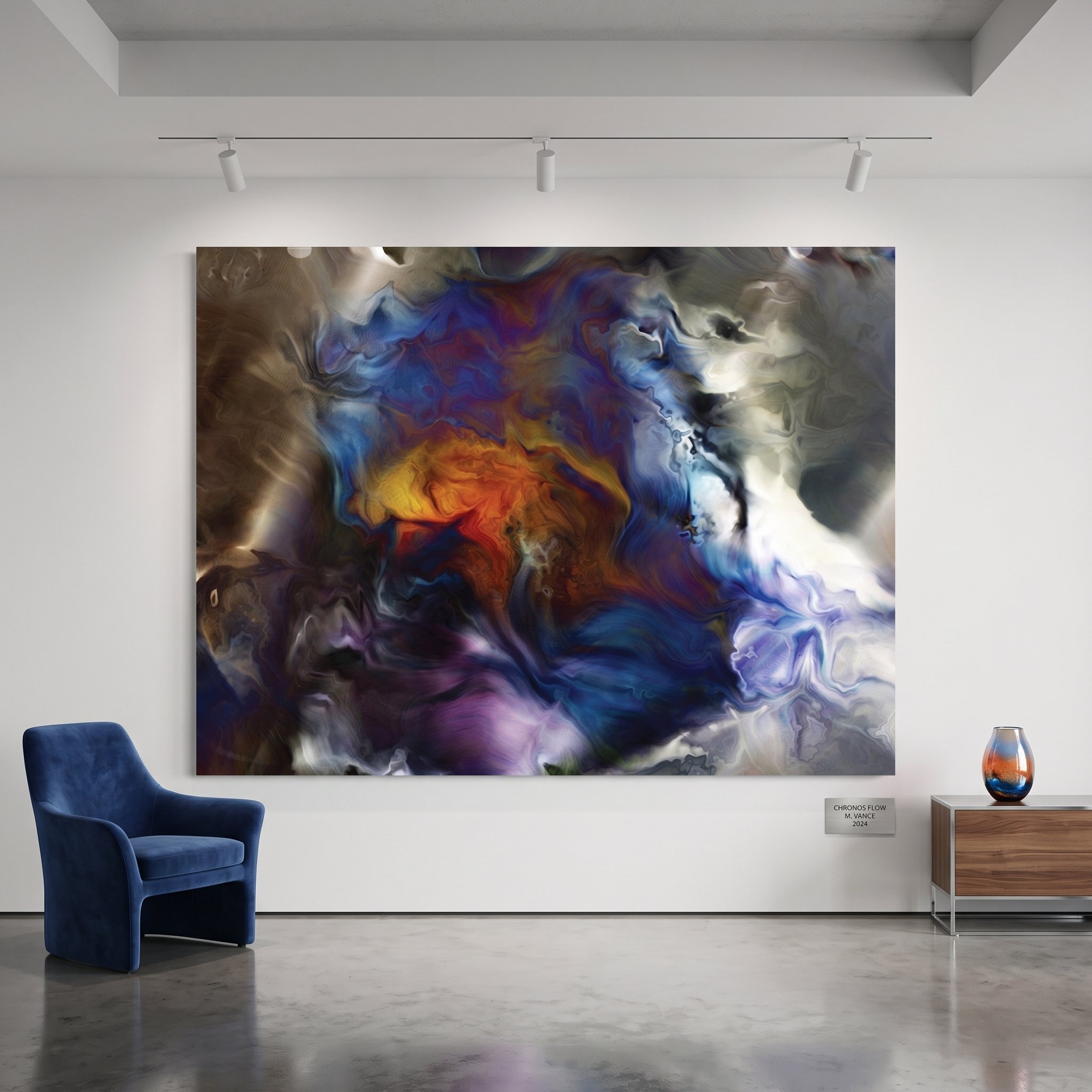 Large, colorful abstract painting displayed in an art gallery with white walls, a blue velvet armchair, a concrete floor, and track lighting.