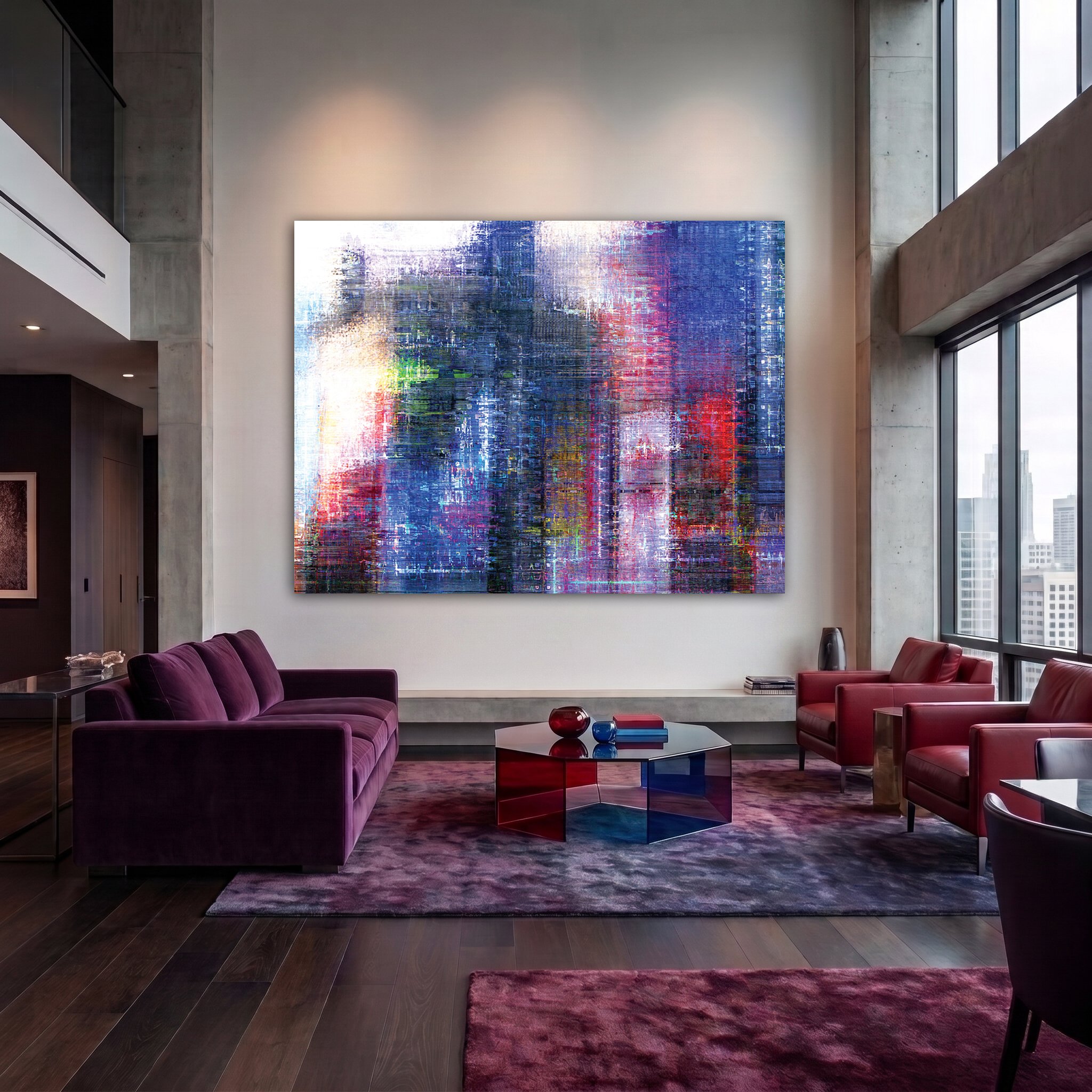 Giant abstract painting on the wall of a double-height penthouse with purple and red velvet sofas.